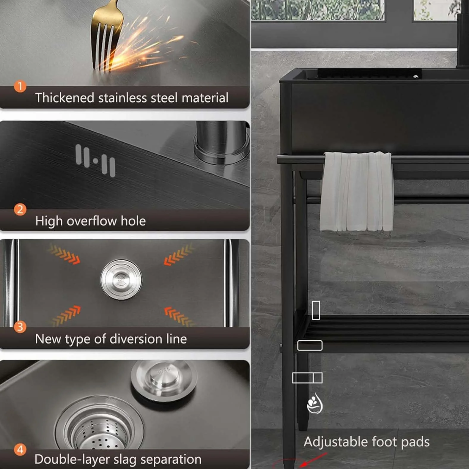 Lavello Cucina 1 Vasca 80cmx45cmx85cm Lavandino da Esterno con Supporto Lavabo in Acciaio Inox con Rubinetto Lavandino Commerciale per Garage,Ristorante,Lavatoio Lavanderia Giardino