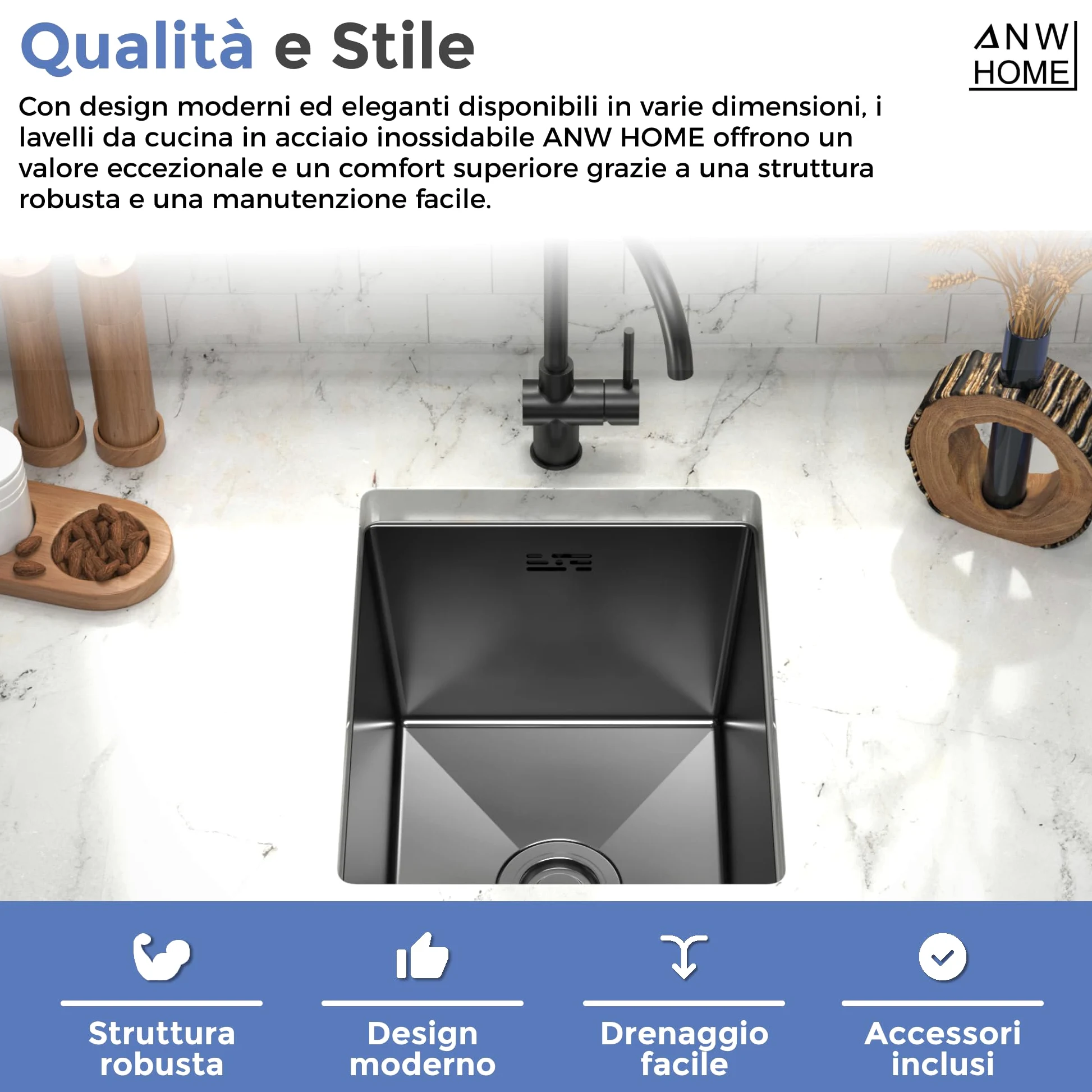 ANW HOME Lavello Cucina 1 Vasca Lavandino Cucina Acciaio Inox 304, Lavello da Incasso o Sottotop 37x45 cm Grafite PVD, Rivestimento Nano, Spessore 3,0+1 mm, Profondità 22 cm, con Sifone