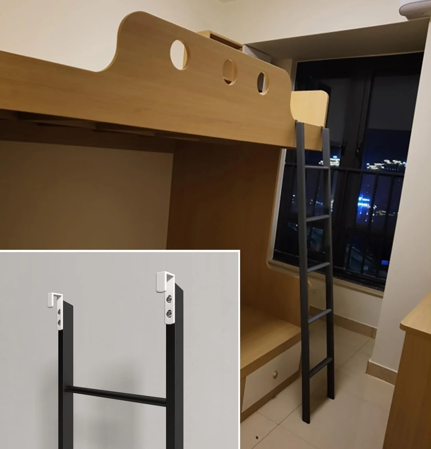 Scala a pioli per Letto a Castello sostituibile da Pavimento, 116/130/140/150/160 cm, Solo Scala per Letto Singolo Corto, scaletta in Metallo Nero per soppalco, dormitorio (116 cm