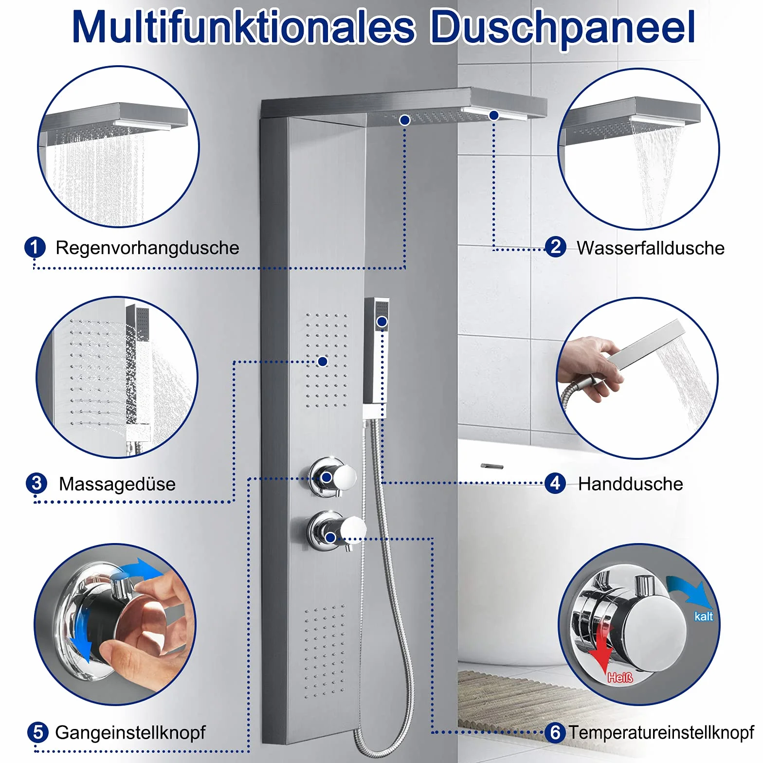 Froadp Sistema Doccia a Pioggia Pannello in Acciaio Inox Spazzolato Montaggio a Parete set Doccia con Doccia Idromassaggio Cascata e set Doccia Doccetta Lusso per Bagno (D'argento)