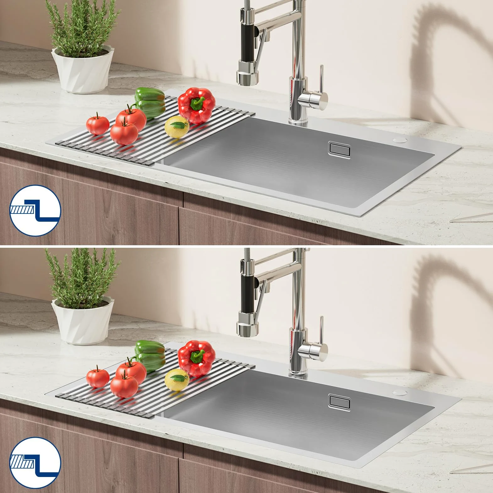 CECIPA Lavello Cucina 1 Vasca 75x45 cm, Lavandino Cucina con Tenda a Rullo Scarico, Lavello in Acciaio Inox 304 per Mobile di lunghezza 80cm con Sifone e Scarico