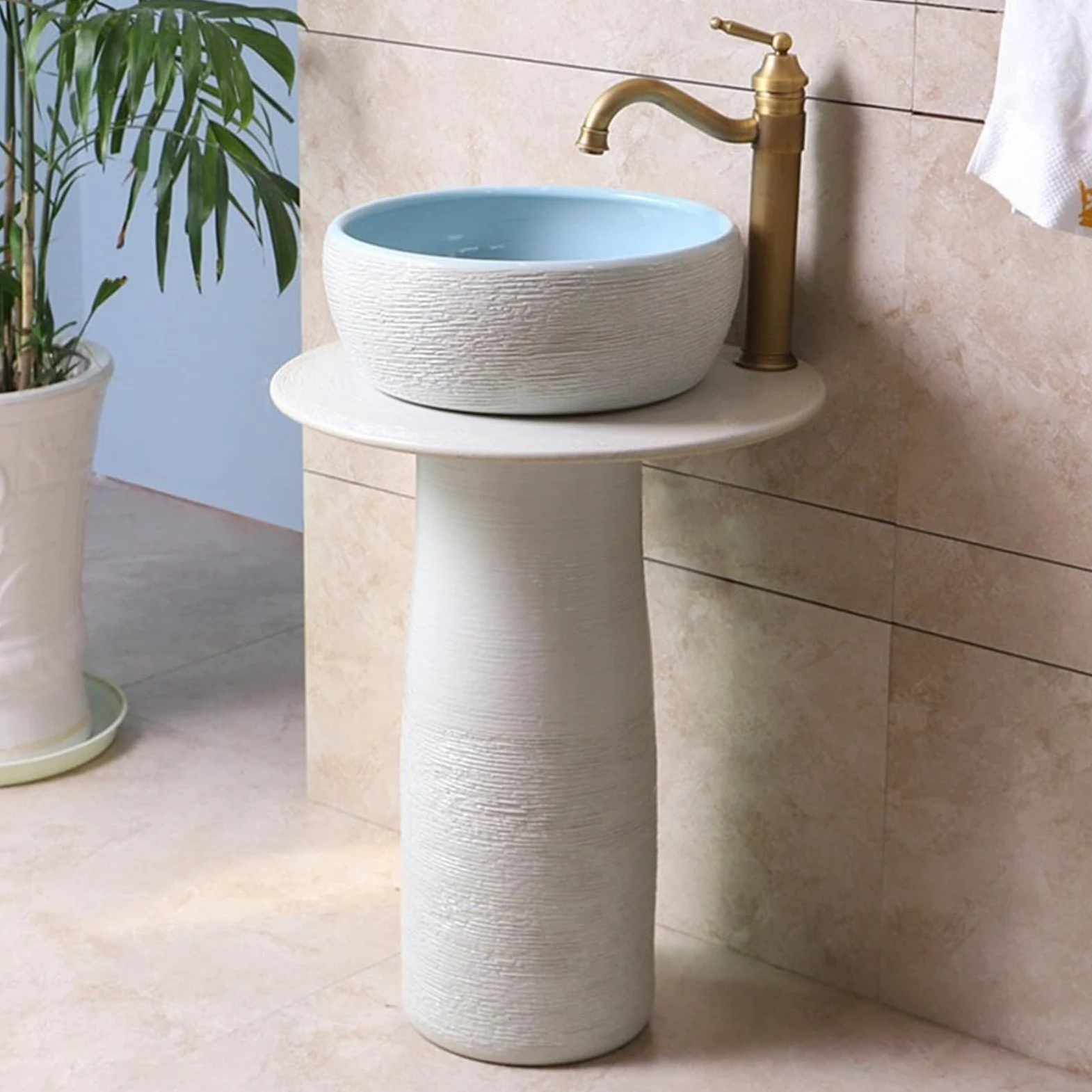 Lavabo su Colonna da Bagno in Ceramica con Rubinetto, Set di Scarico e Specchio - Piedistallo per Interni ed Esterni