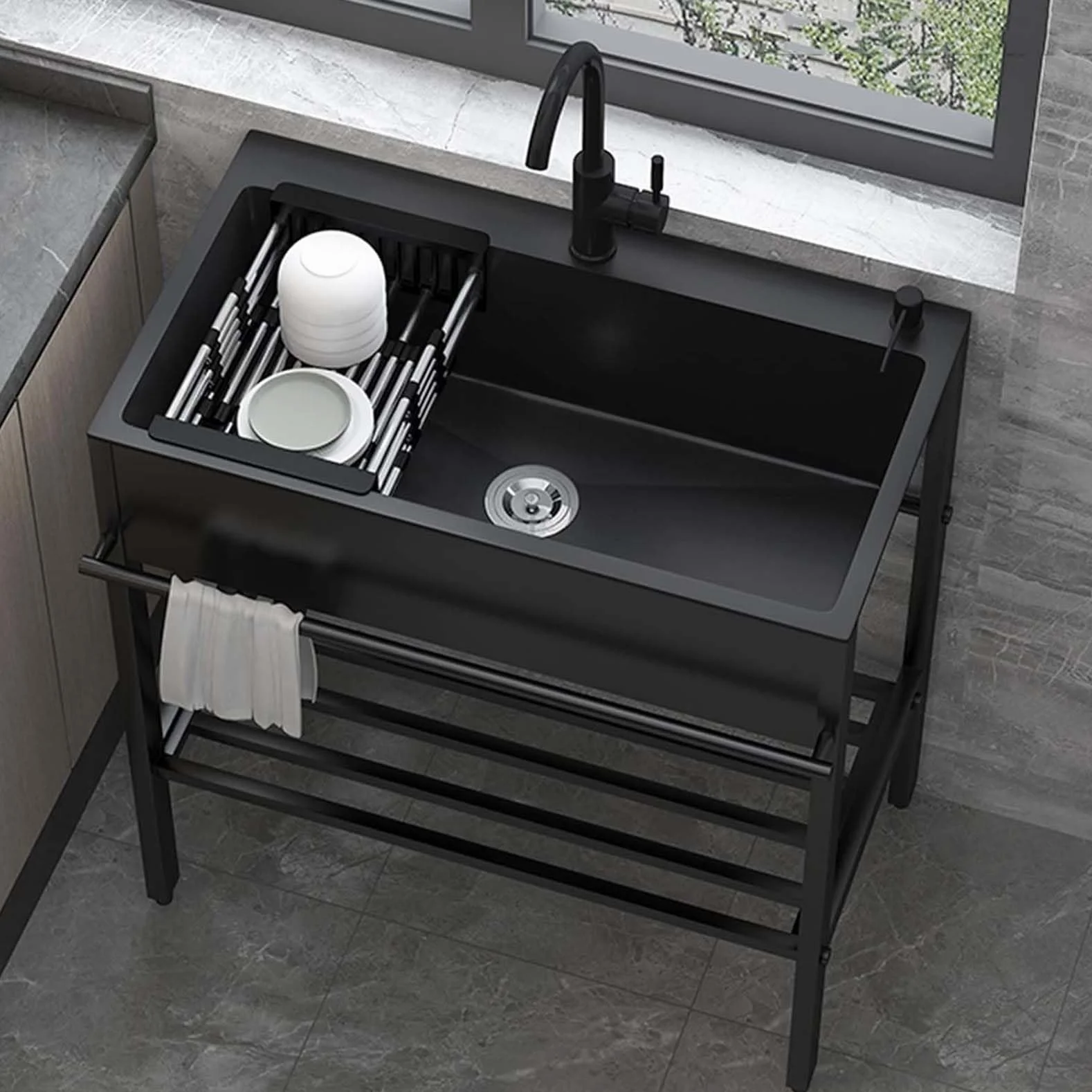 Lavello Cucina 1 Vasca 80cmx45cmx85cm Lavandino da Esterno con Supporto Lavabo in Acciaio Inox con Rubinetto Lavandino Commerciale per Garage,Ristorante,Lavatoio Lavanderia Giardino