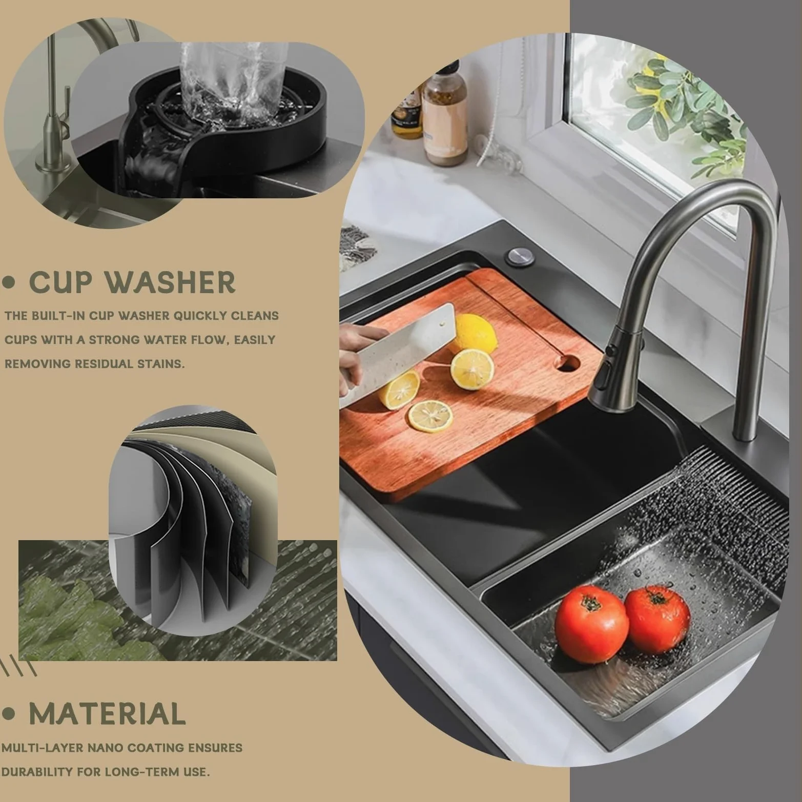 80x50cm Lavello da cascata nero, multifunzionale Lavello Cucina 1 Vasca in Acciaio Inox, con Rubinetto Estraibile, sifone e Set di Drenaggio, e vari accessor, lavello domestico set