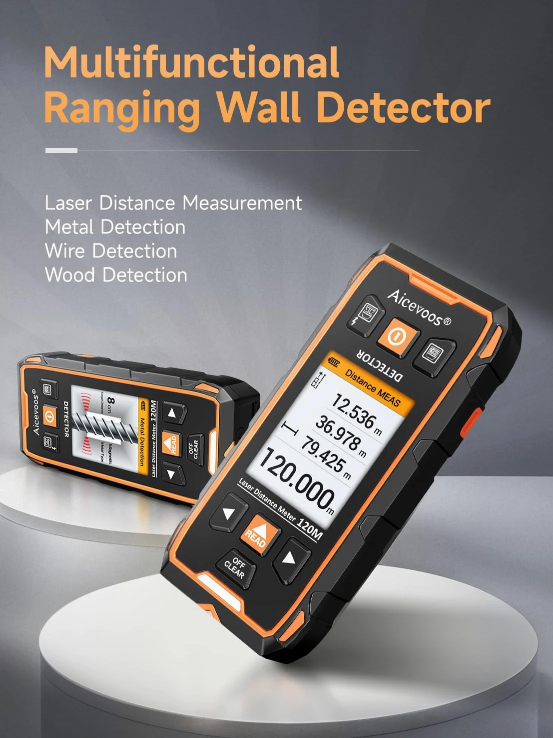 Rilevatore,120m Metro Laser 2 In 1, Scanner da Parete, Misuratore Laser, Rilevatore Tubi Metallici con Display LCD per Rilevare Metallo, Legno, Cavi Nel Muro e Magnetico O Non Magnetico