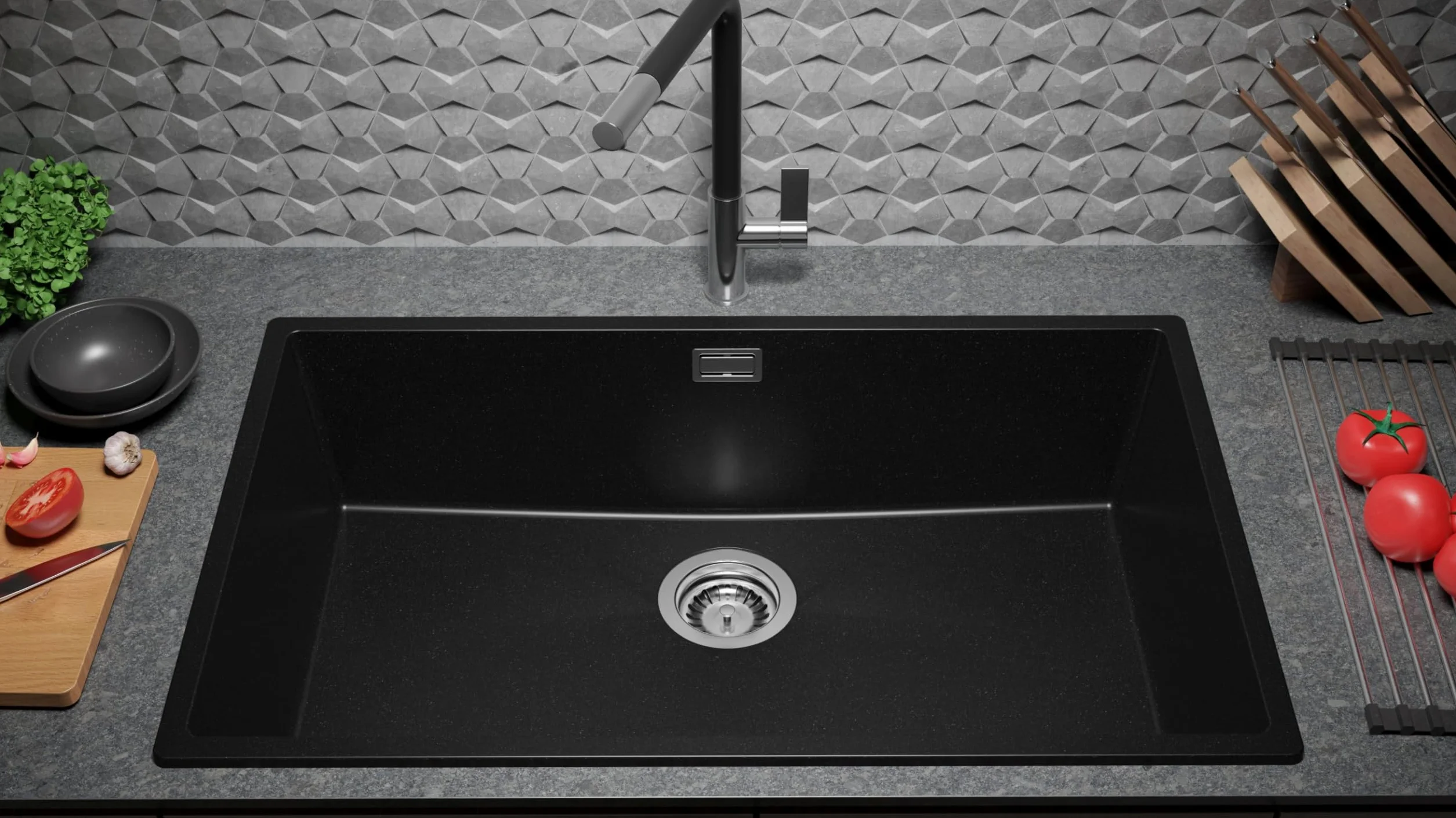 PRIMAGRAN Lavello da Cucina Nero 76x47cm, Lavandino in Granito a 1 vasca + Sifone Classico, Lavabo da Cucina Incasso al Mobile 80cm - London Slim S477