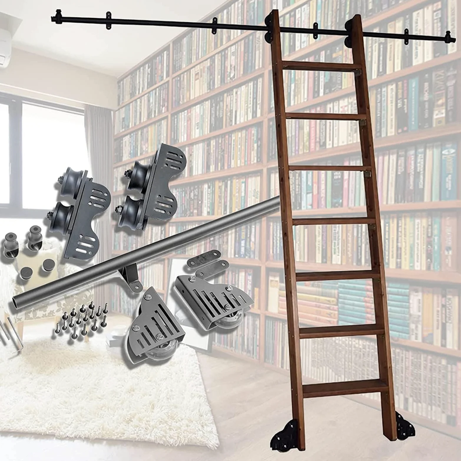 Kit Hardware per Binario Scorrevole con Scala per Biblioteca, Accessori per binari per Scale per librerie mobili con Ruote, Strumento di Spostamento della Scala in Acciaio al Carbonio