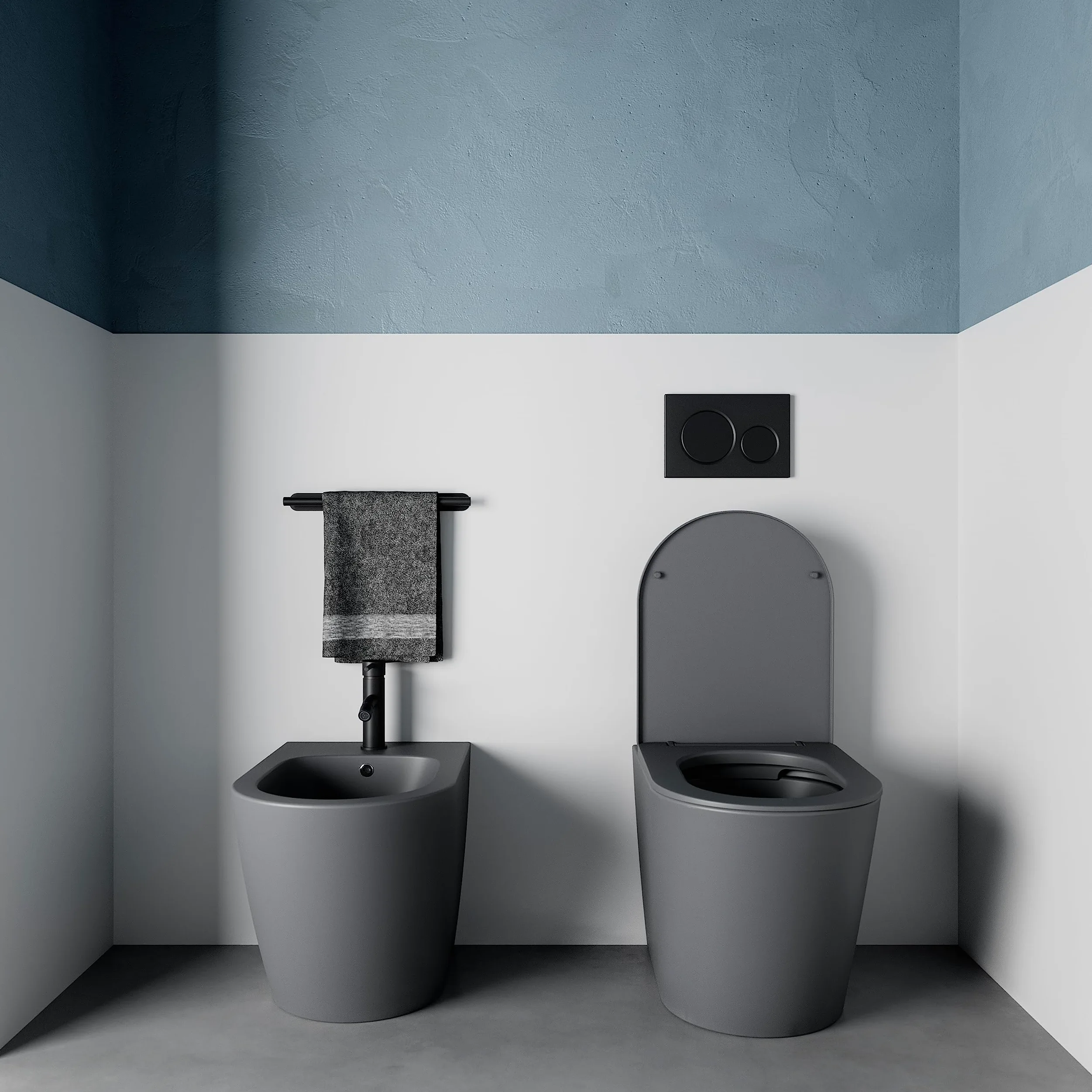 Sanitari in ceramica filomuro grigio opaco vaso rimless bidet sedile soft-close chiusura rallentata mod. Vienna