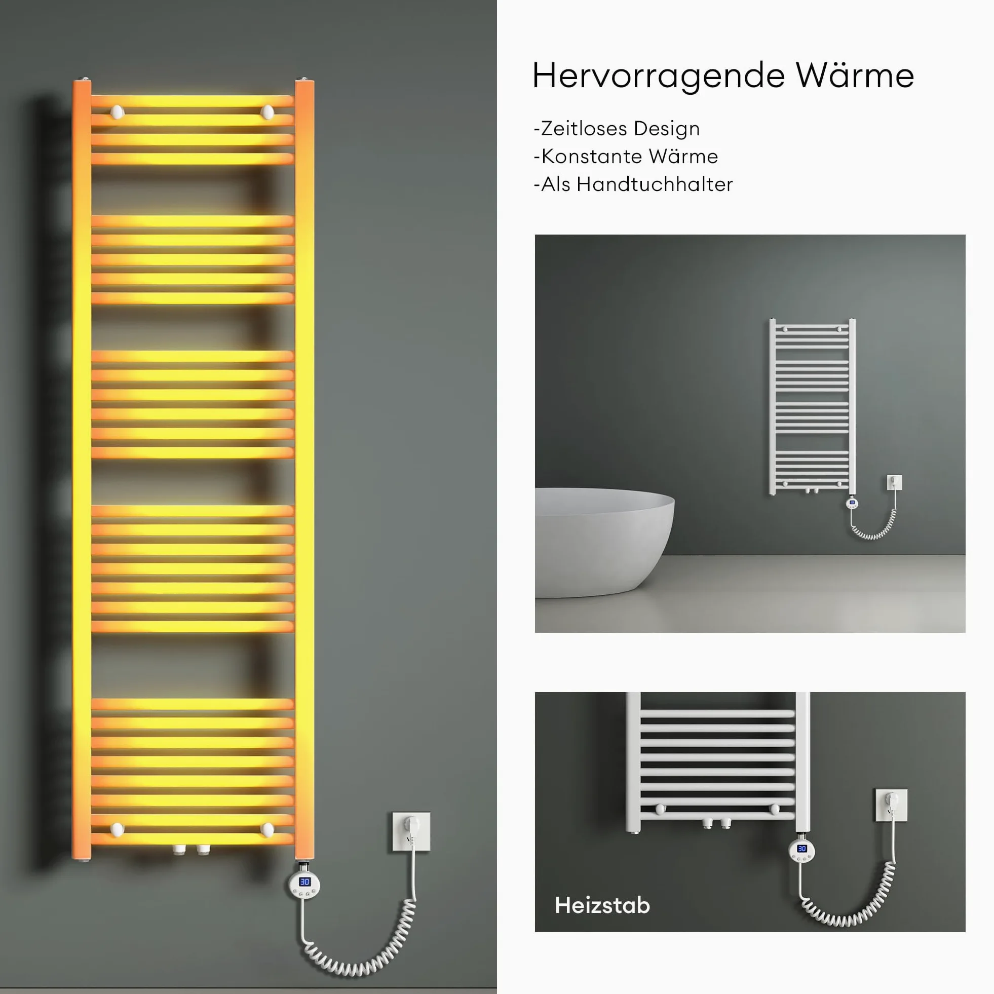 Mai & Mai Radiatore Piatto 140x50cm con Elemento Riscaldante 800W, Radiatore Scaldasalviette Termoarredo da Bagno Riscaldamento Elettrico o da Acqua Calda RHE in Acciaio, Bianco