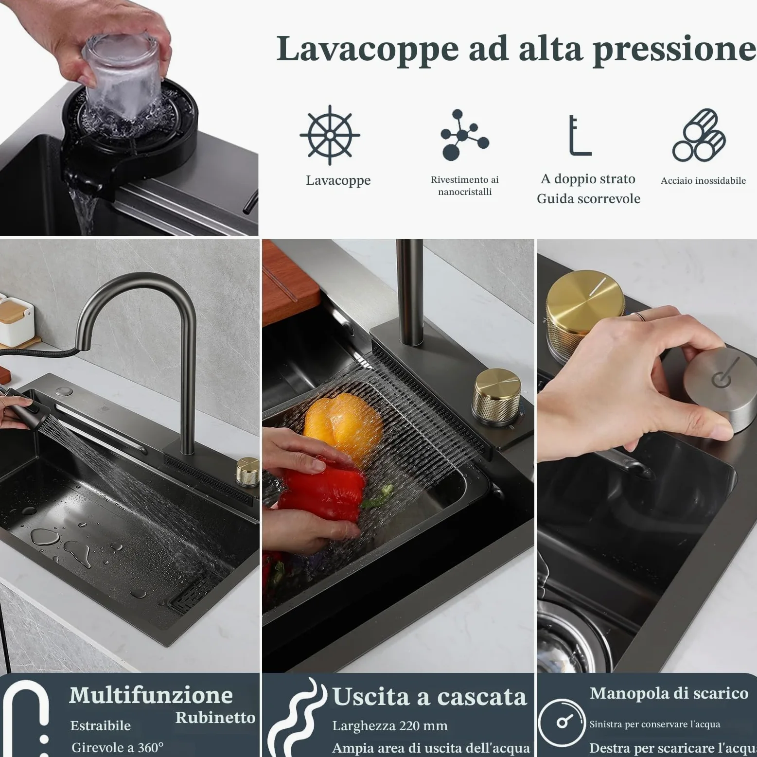 Lavandino da cucina con superficie di lavoro, 80 x 45 cm, dotato di rubinetto a cascata, in acciaio inox, per uso domestico, con idropulitrice, tagliere, scolapiatti e accessori