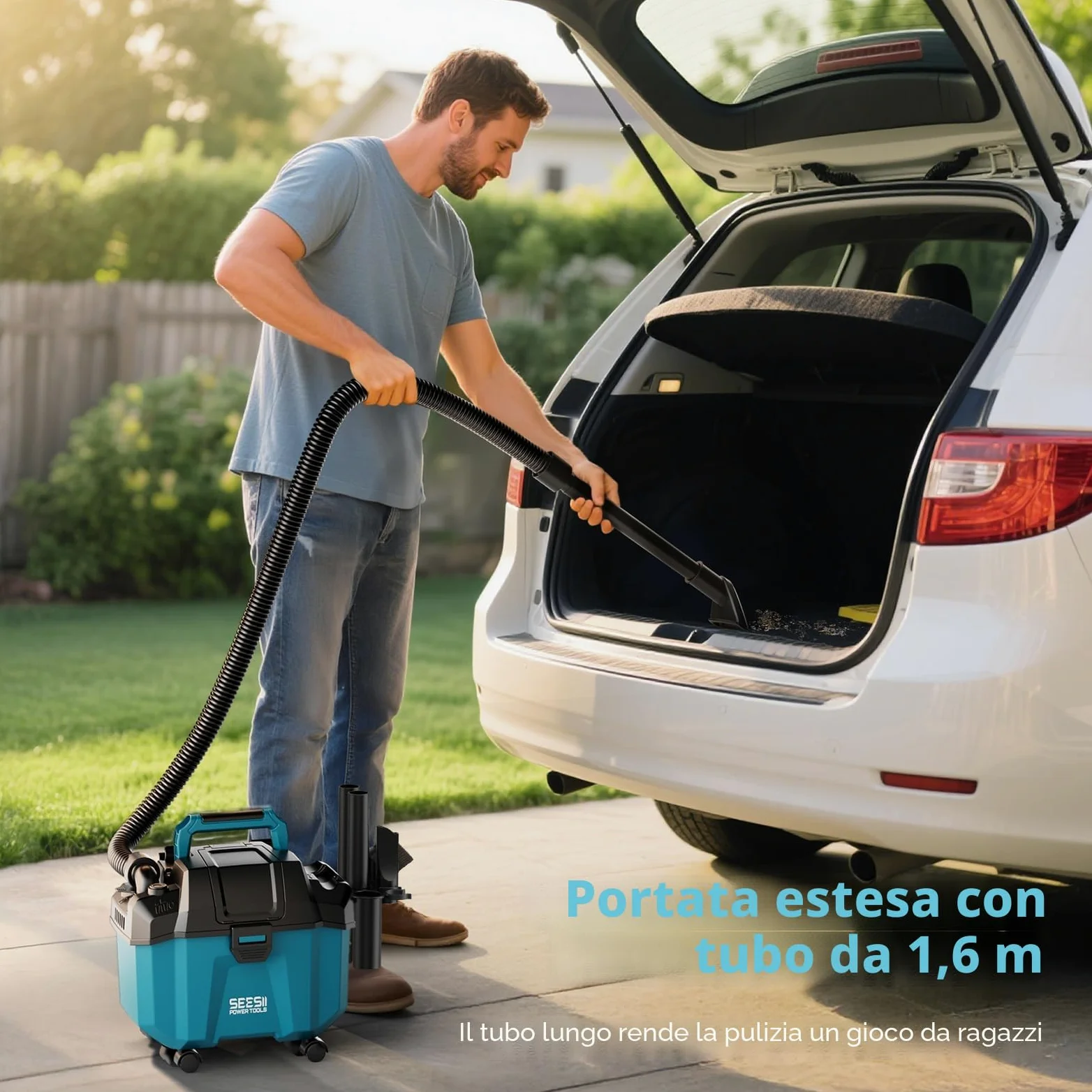 Seesii Aspiratutto Solidi e Liquidi, 2x4000mAh Batterie, 10L Aspirapolvere Bidone, 2 Velocità, Tracolla, 4 Ruote e Accessori, Ideale per Auto/Cantiere/Esterno/Casa (Blu)