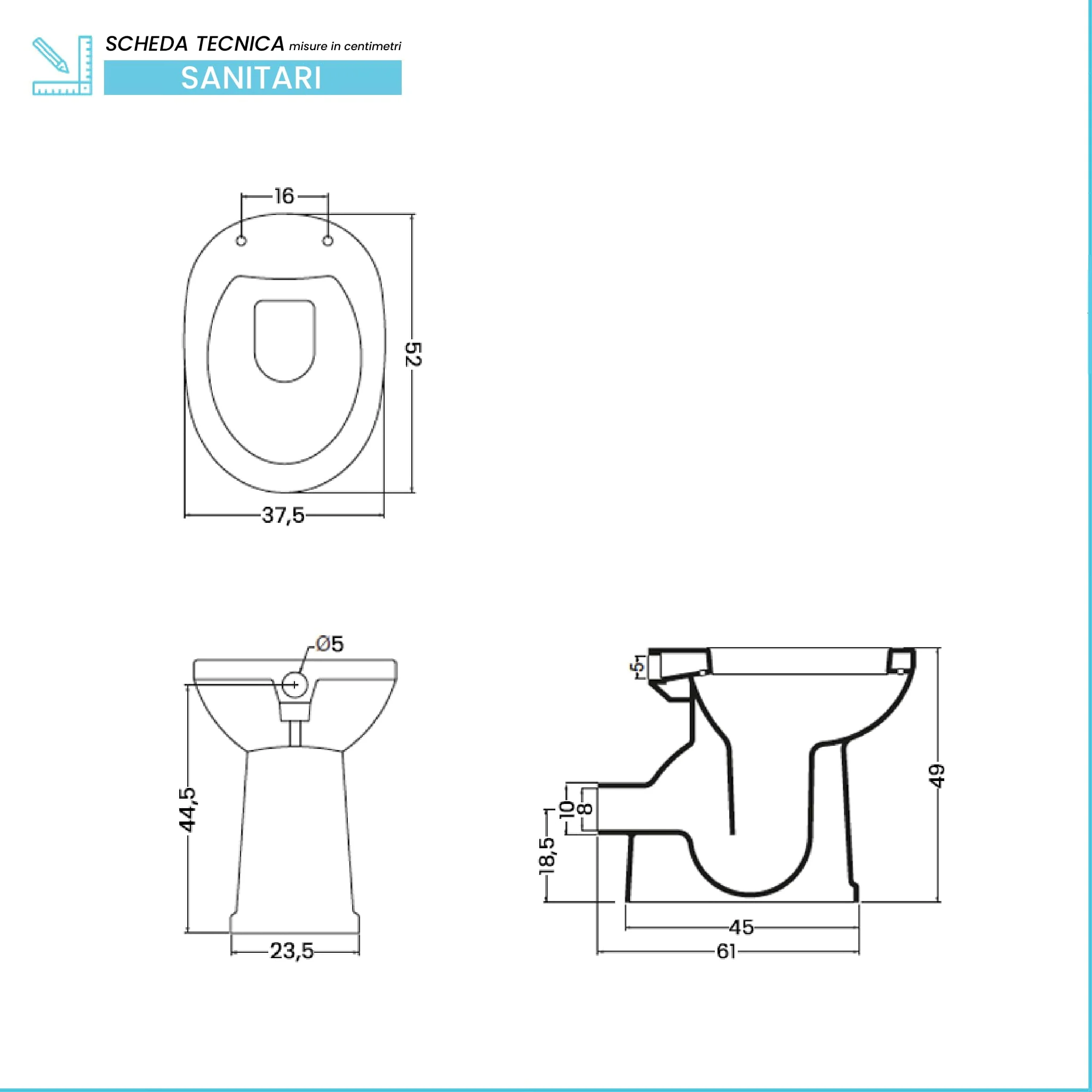 Sanitario Per Anziani Con Altezza 49 Cm E Installazione Standard Con Scarico A Pavimento | Water da L 37,5 x P 52 x H 49 cm Per Facilitare La Mobilità Degli Anziani In Ceramica Bianca