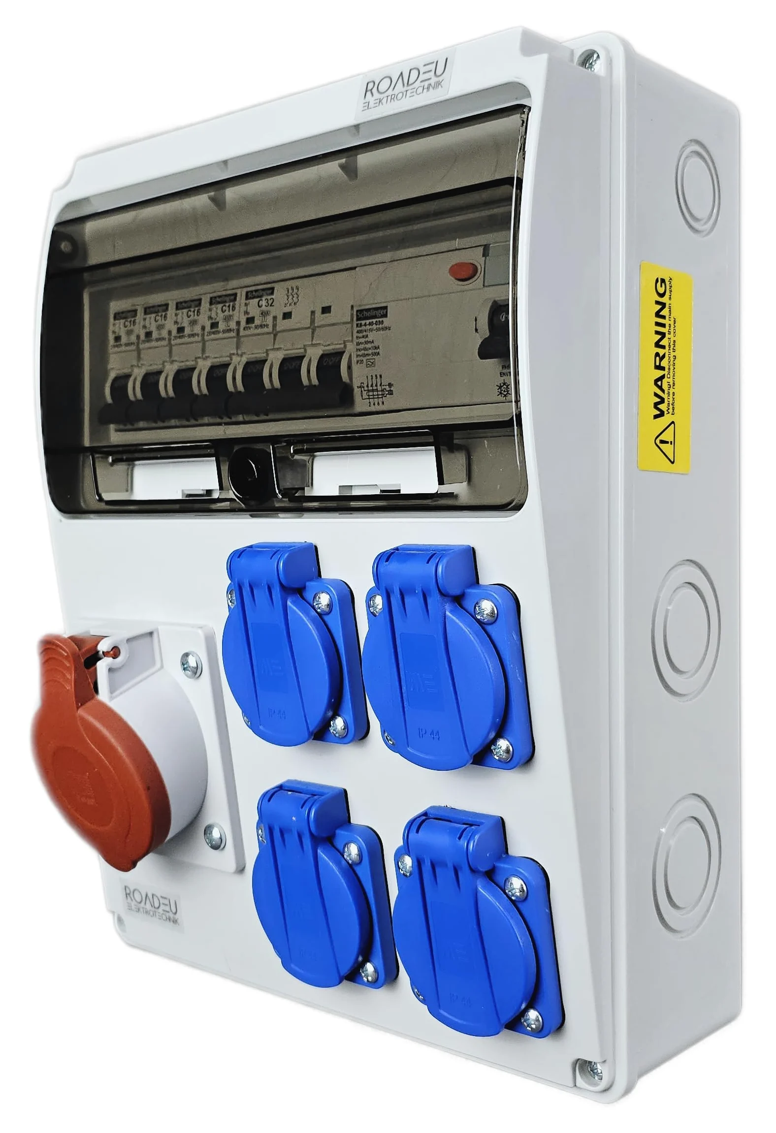 RoadEu- Quadro Elettrico di Distribuzione Industriale, presa CEE 32A con 4 prese Schuko da 230 V. Distributore di presa con interruttore di corrente residuale e interruttore automatico