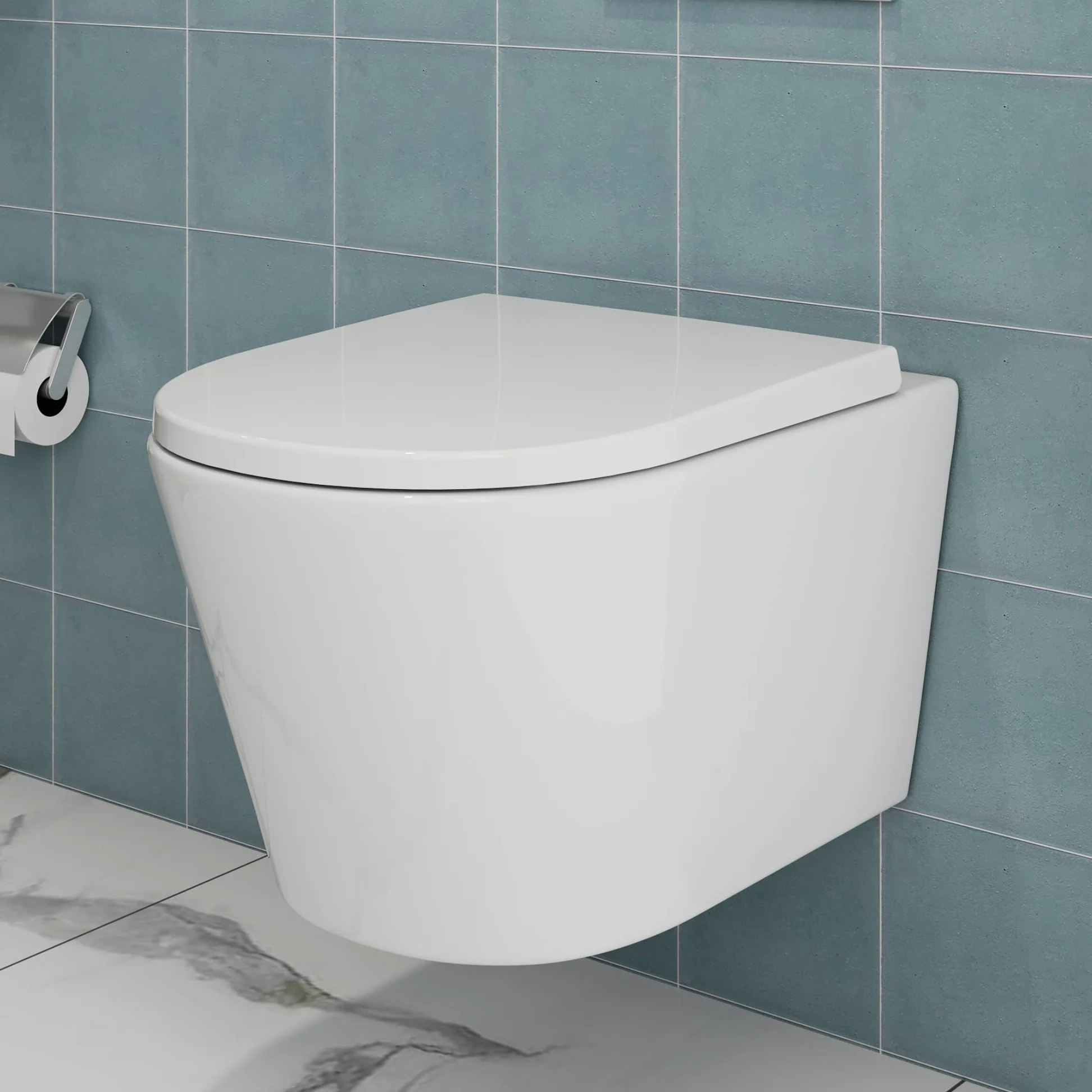 HOROW WC senza bordi con coperchio per WC, WC sospeso in ceramica, set di servizi igienici moderni, lunghezza 539 mm