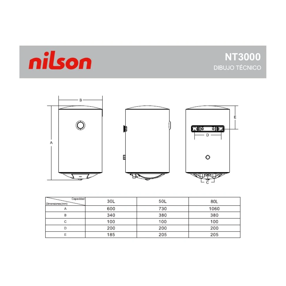 Nilson Termo Eléctrico Vertical 30 Litros NT3000. Instalación Vertical, 1500W, Incluye Kit de Montaje, Resistencia de Acero inoxidable, Blanco, Eficiencia Energética Clase C