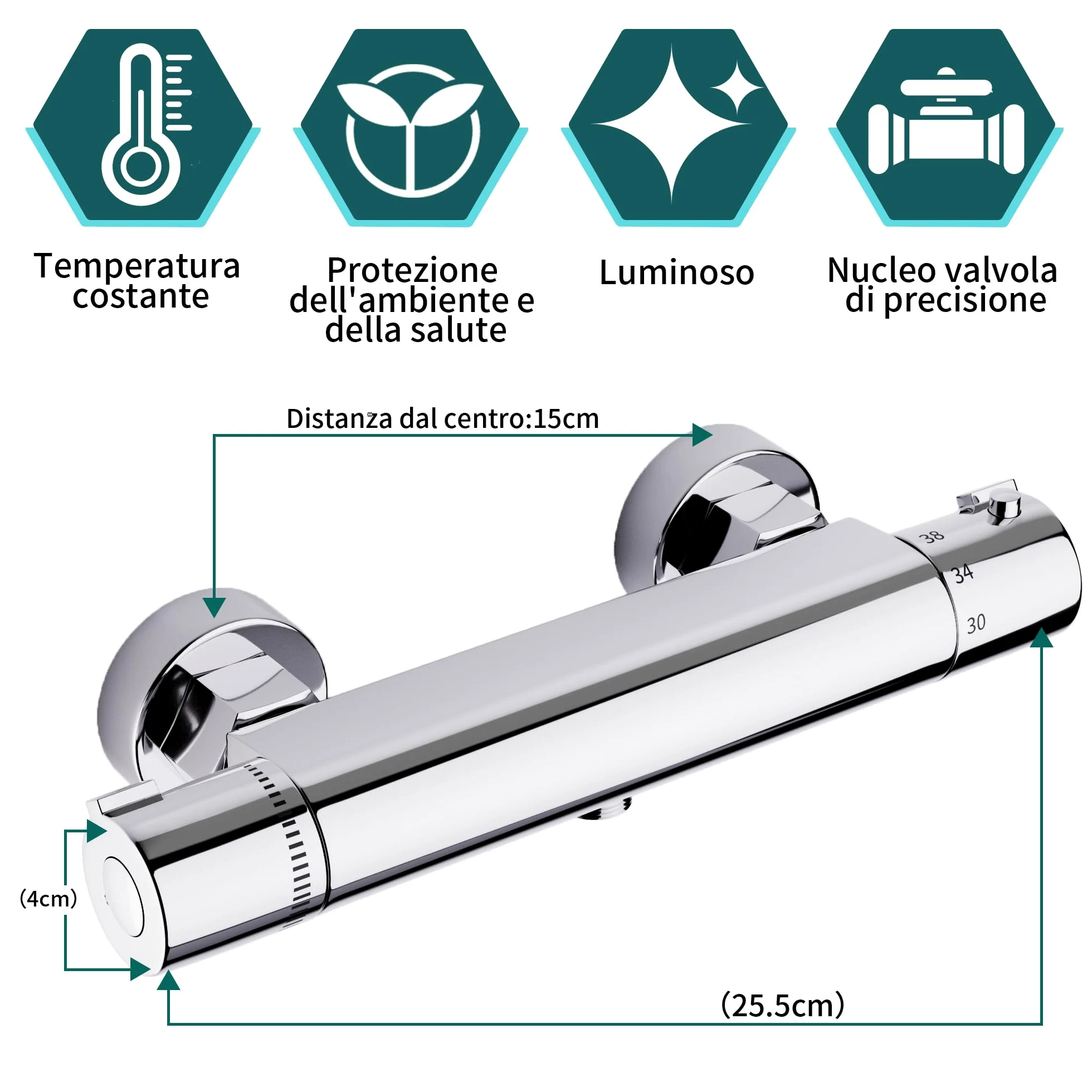 MORADO Miscelatore Doccia, Miscelatore Doccia Termostatico, Rubinetto per Doccia, Rubinetto per Vasca Termostatico con Controllo Costante Della Temperatura, Finitura in Ottone Cromato