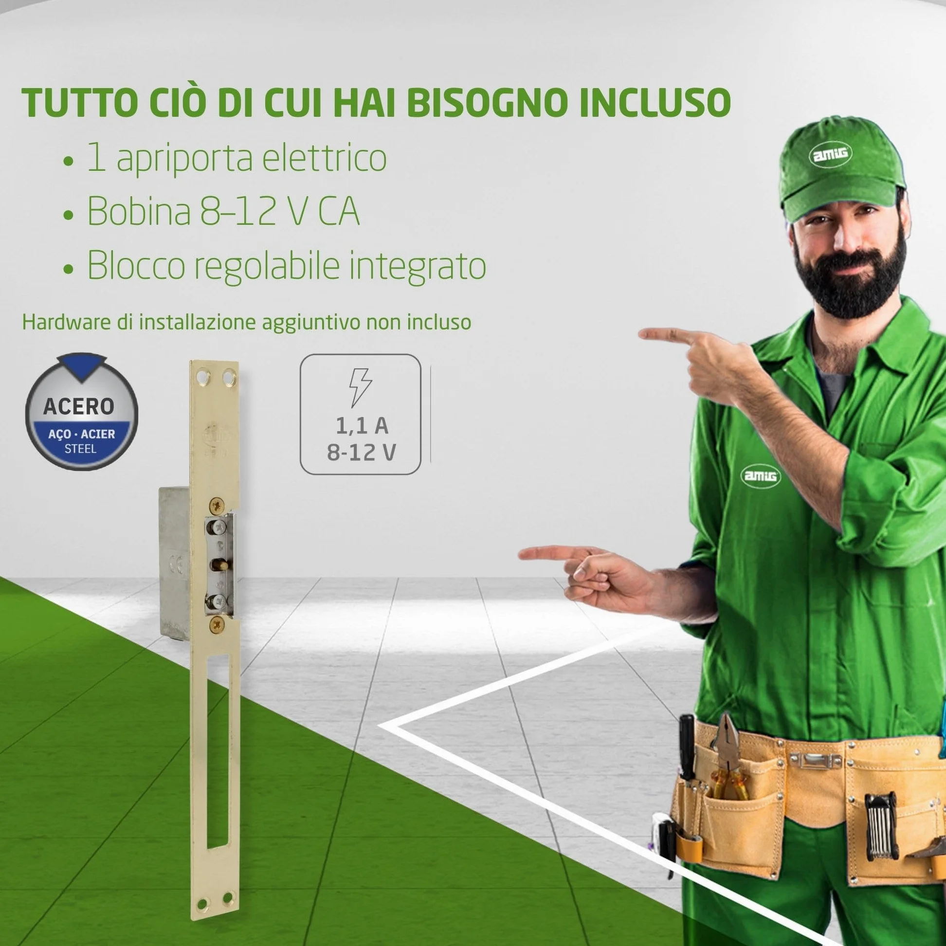 Amig - Incontro elettrico da incasso per controllo accessi - Compatibile con scrocco europeo 13 mm - Frontale 250 x 25 mm - Acciaio ottonato verniciato - Dorato - 8-12 V AC/DC - Mod. 20 con inibitore