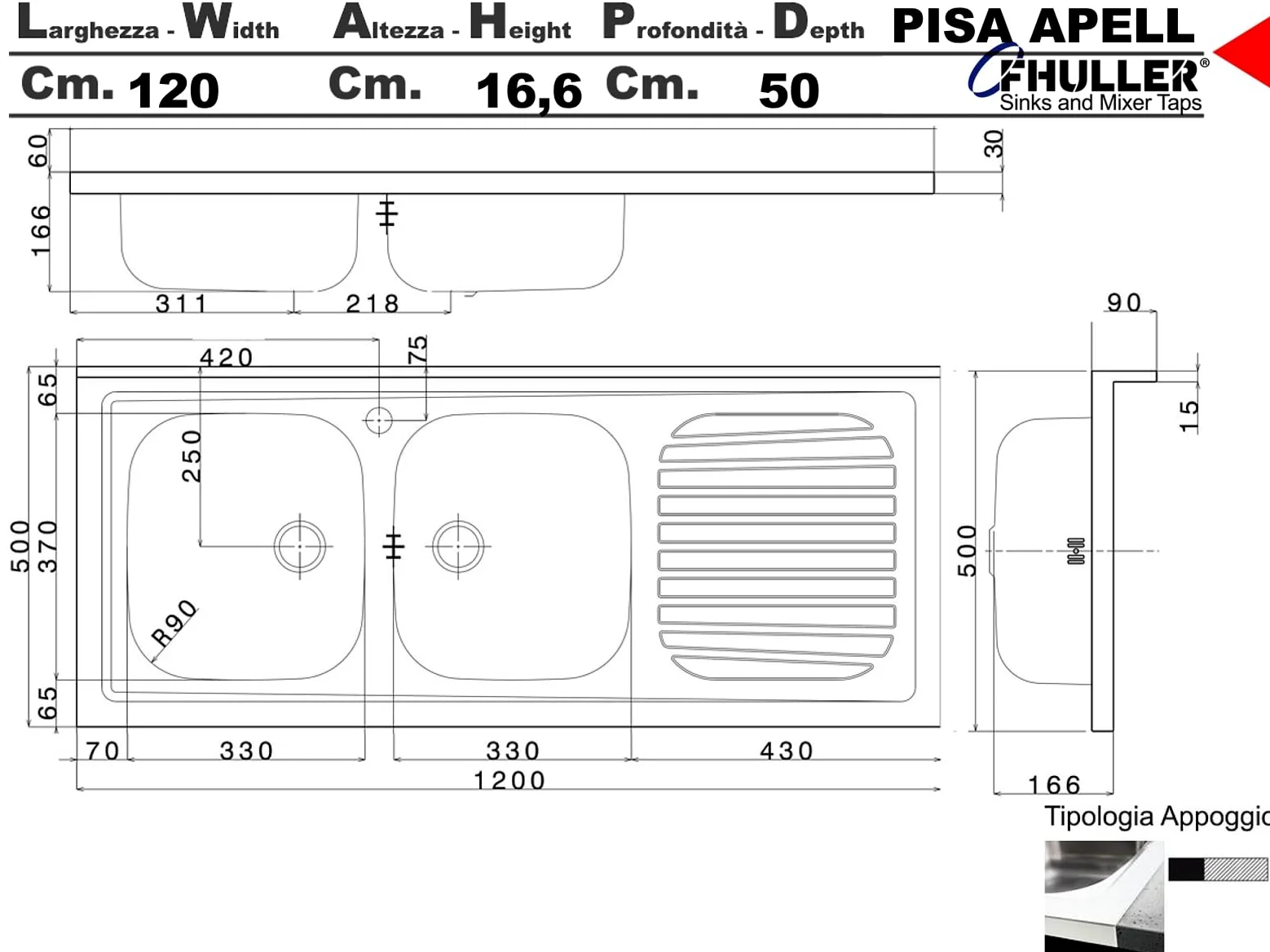 Lavello cucina appoggio Apell mod.Pisa acciaio Inox,cm.120x50, 2 vasche a destra
