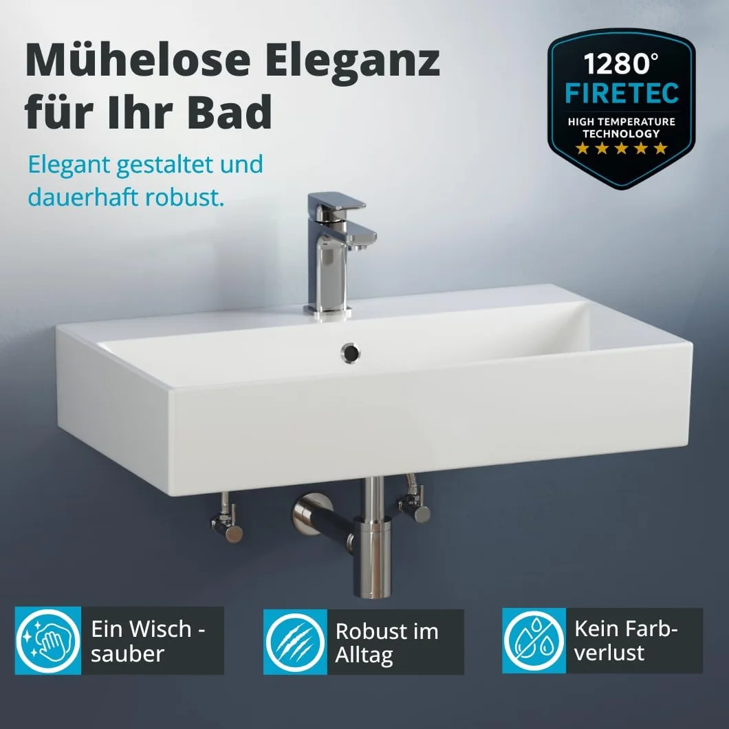 Aqua Bagno lavabo 70 cm rettangolare da parete, ceramica bianco lucido con foro rubinetto e troppopieno, design moderno per bagno contemporaneo, facile da pulire
