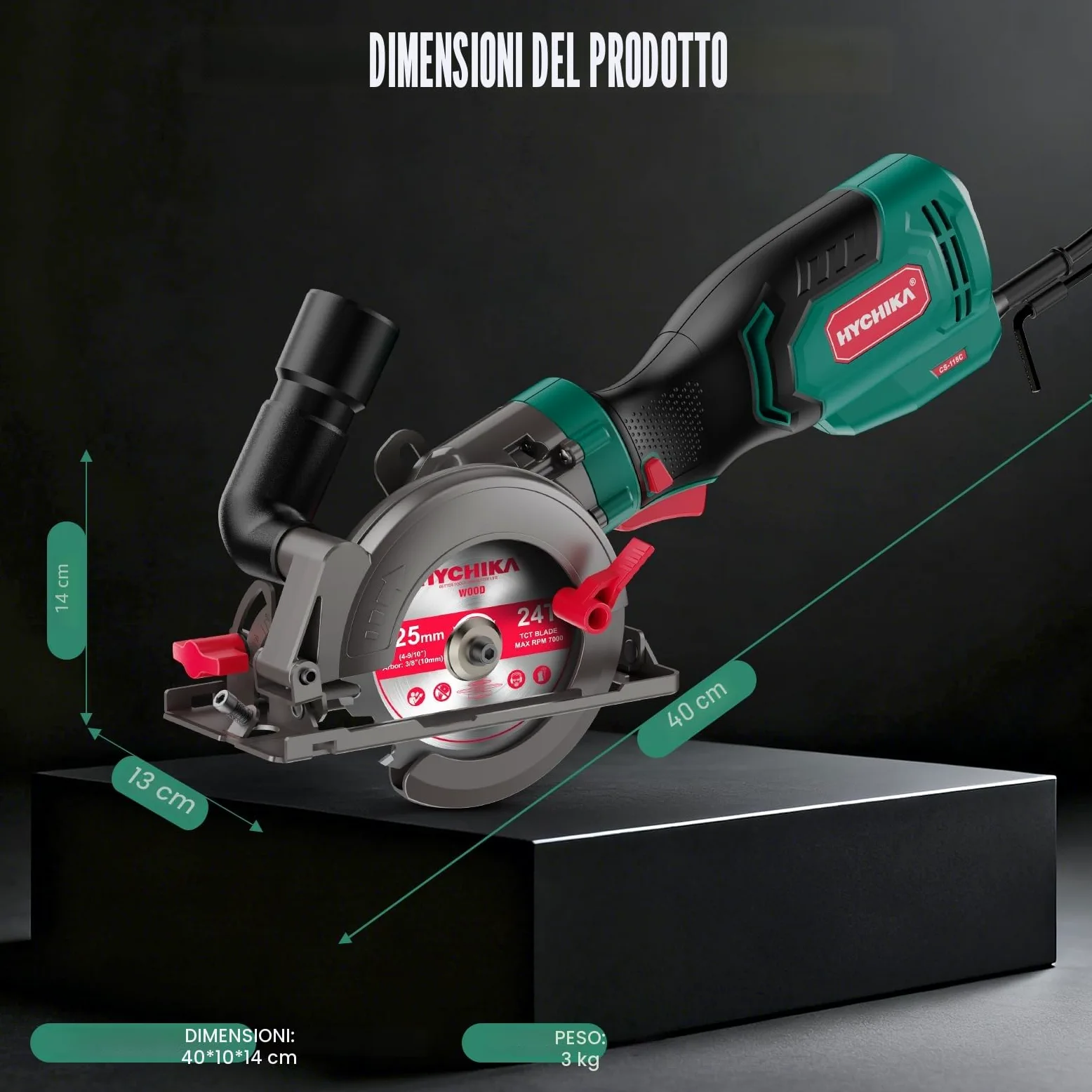HYCHIKA Sega Circolare a Mano, Mini Sega Circolare 750W 3500 giri/min con Borsa da Trasporto, 3 Lame da Sega 115+125mm, Guida Parallela, Profondità di Taglio 48mm, per Legno, Metallo Dolce, Plastica