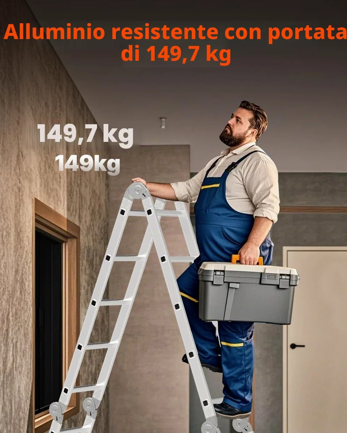 VEVOR Scala Pieghevole Multiuso, Scala Telescopica Regolabile 4 Gradini con Struttura ad A, Scala Estensibile per Impieghi Gravosi con Altezza 4,7 m Capacità 149,7 kg per Lavori Domestici all'Aperto