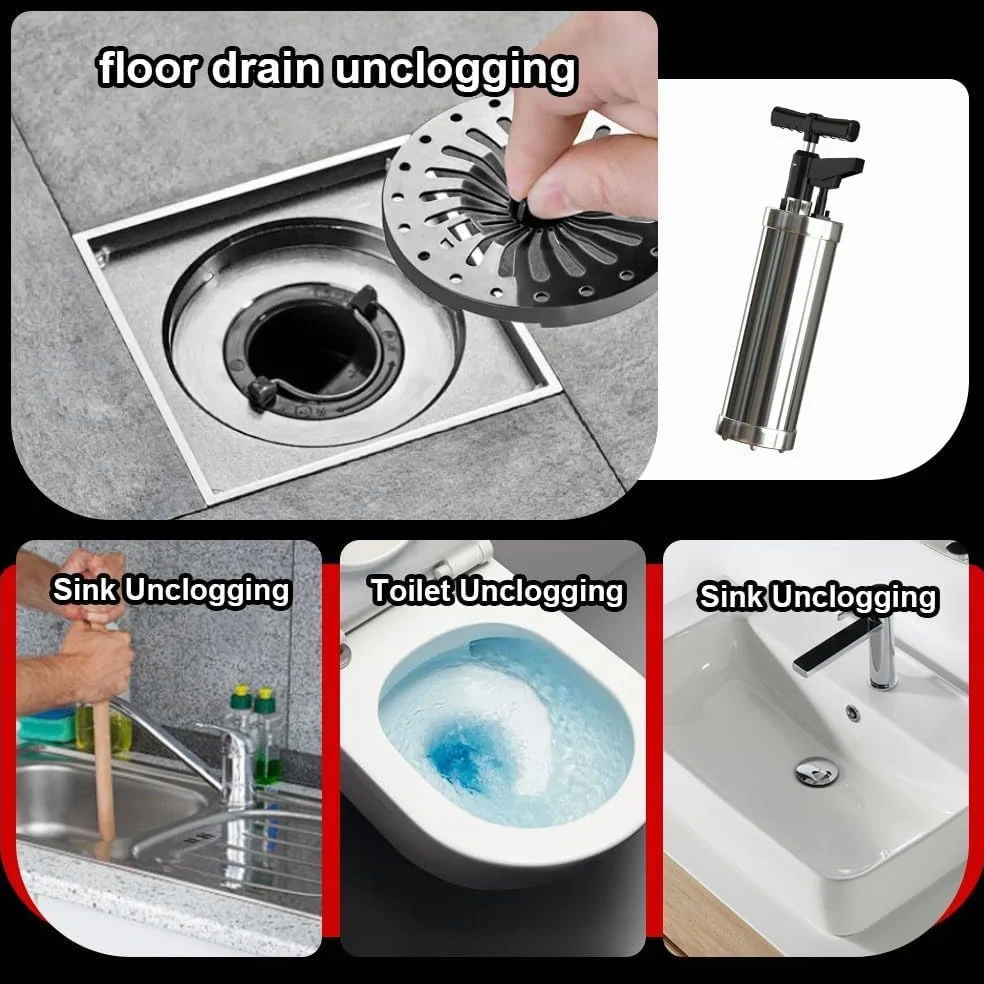 Sturalavandini a Pressione con Barometro, Pompa Stura Scarichi a Pressione, Sturalavandino ad Aria Compressa con 4 Ventose, per WC Lavandino Vasca da Bagno
