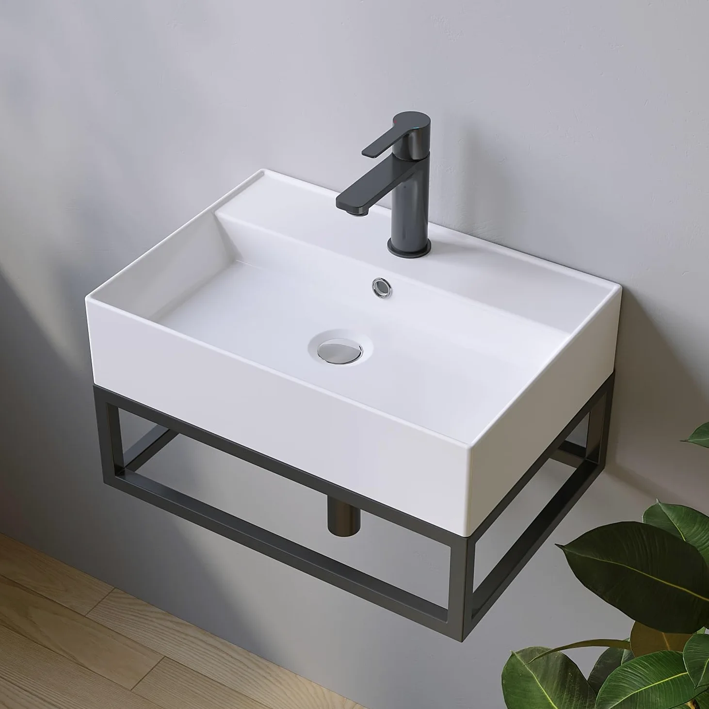 Lavabi in ceramica angolare 50 x 35 cm, lavabo a incasso per mobile da bagno, lavabo per bagno degli ospiti, sospeso, lavabo a parete, bianco, con foro per rubinetto, troppopieno, viti di fissaggio