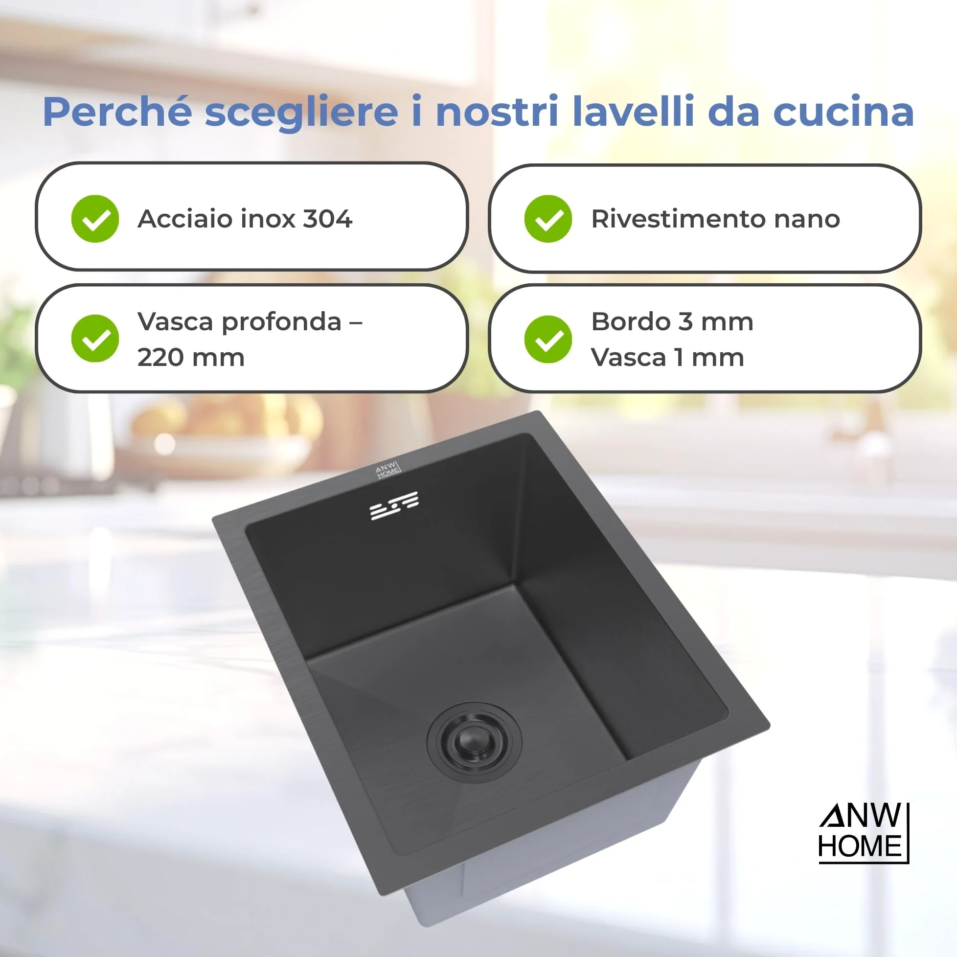 ANW HOME Lavello Cucina 1 Vasca Lavandino Cucina Acciaio Inox 304, Lavello da Incasso o Sottotop 37x45 cm Grafite PVD, Rivestimento Nano, Spessore 3,0+1 mm, Profondità 22 cm, con Sifone