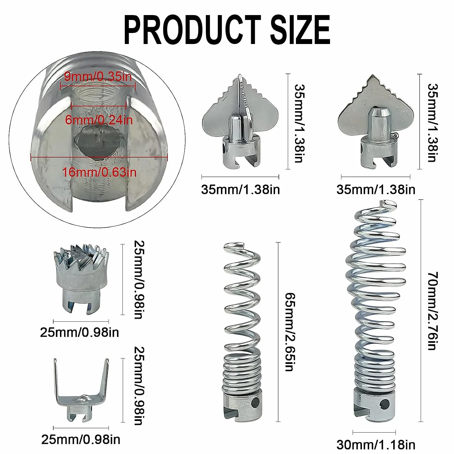Sonda Sturatubi 6M di spirale Diametro 16 mm, Stura lavandini e scarichi, con 6 pezzi di testa di taglio per la pulizia dei tubi