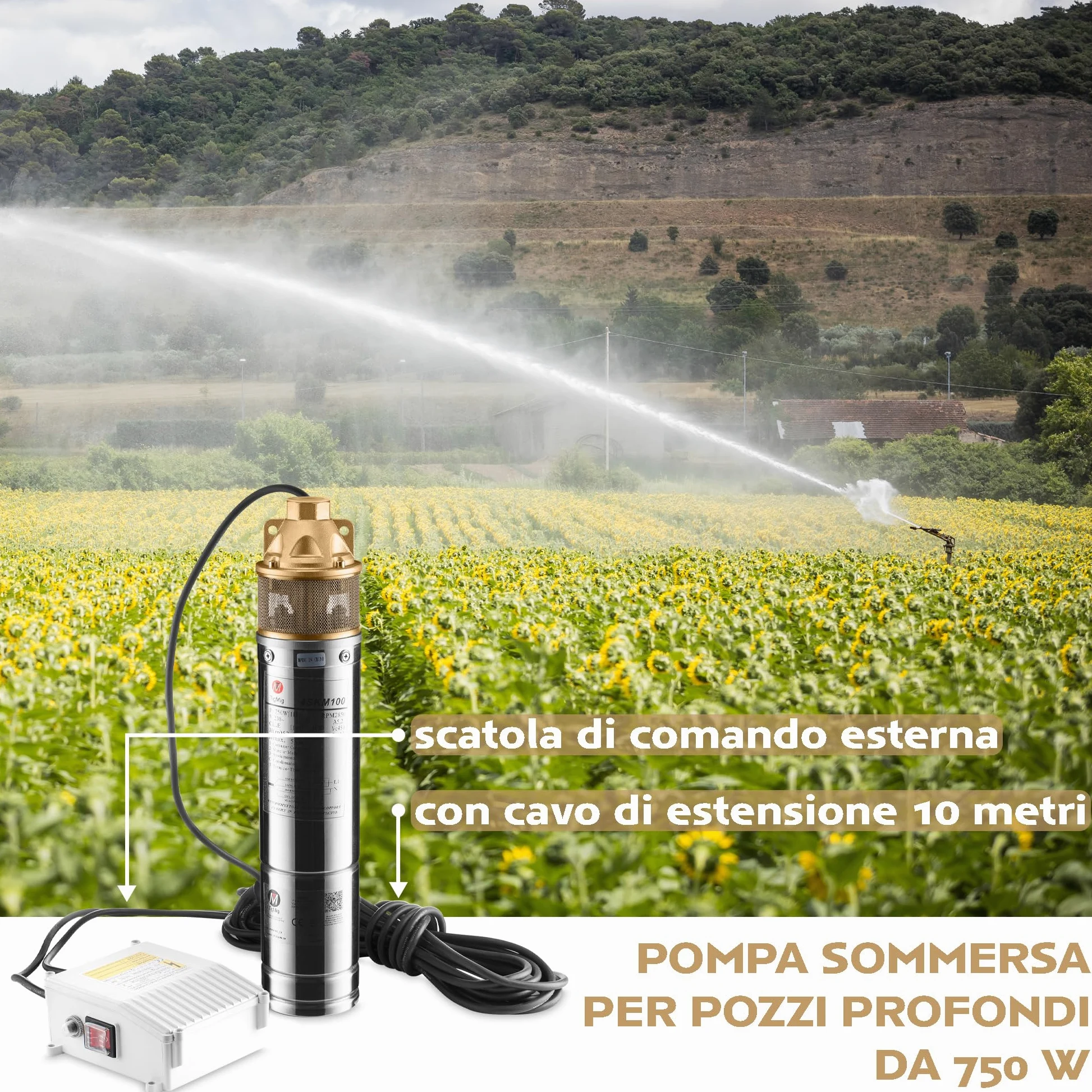 TIGMIG Pompa Sommersa Per Pozzi 750 W, 10m, Portata Max 2700 litri/h, Acciaio Inox 304, Protezione IP68, Pompa Immersione Sommergibile, Pozzi Profondi, Terreni Agricoli, Irrigazione, Drenaggio Cantine