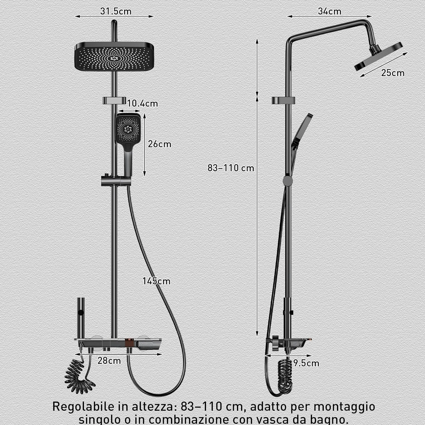 Colonna Doccia con Miscelatore, Set Doccia Soffione e Doccetta a Man, Pannello Comando Piano 4 Funzioni, Asta Saliscendi Altezza Regolabile, Corpo in Ottone Massiccio e Vetro Temperato-Grigio