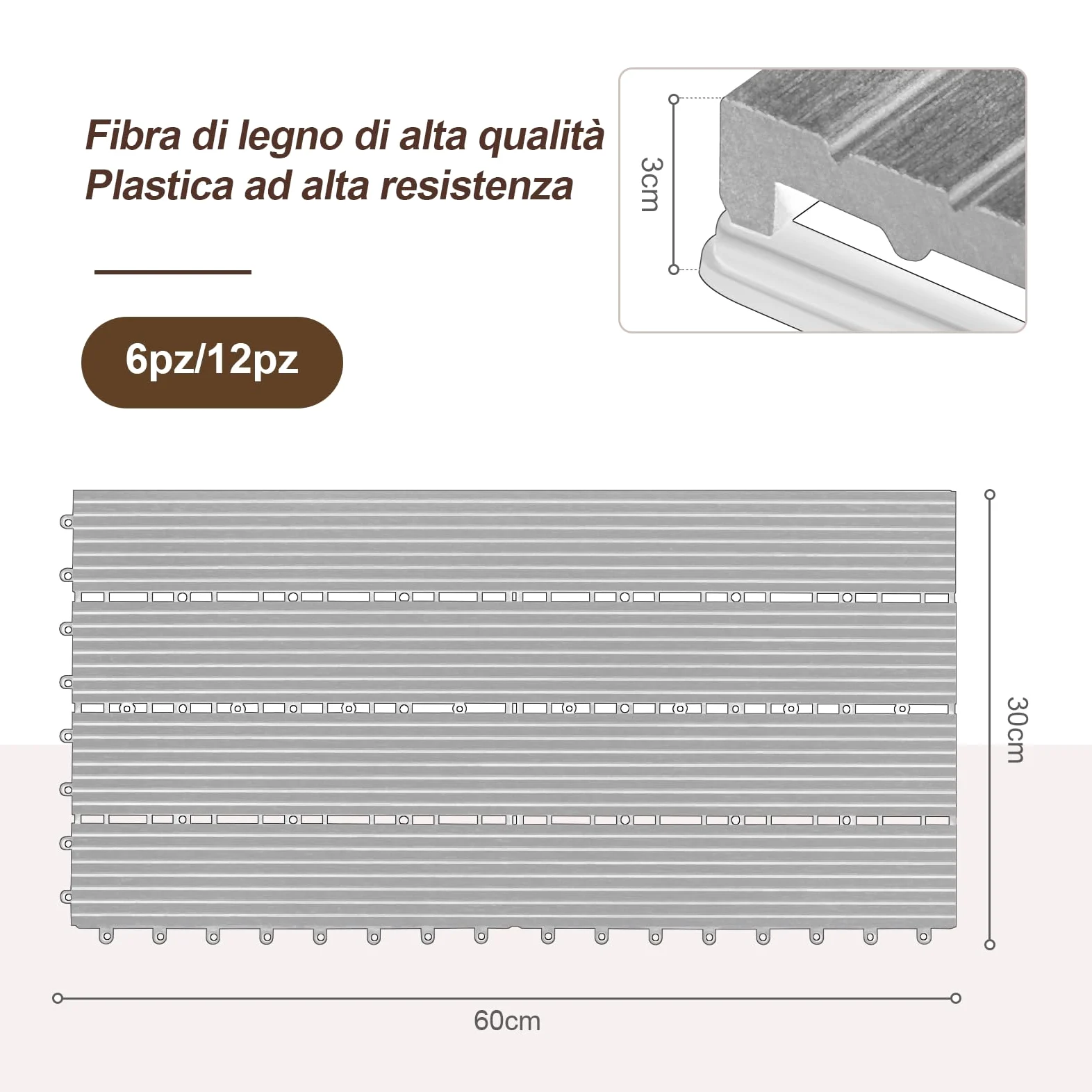 Laneetal Set di 12 Pavimento per Esterno, Pavimento WPC Incastro, per Giardino, Patio, Terrazza, Balcone, Pavimentazione Esterna 30x60 cm, Marrone Chiaro