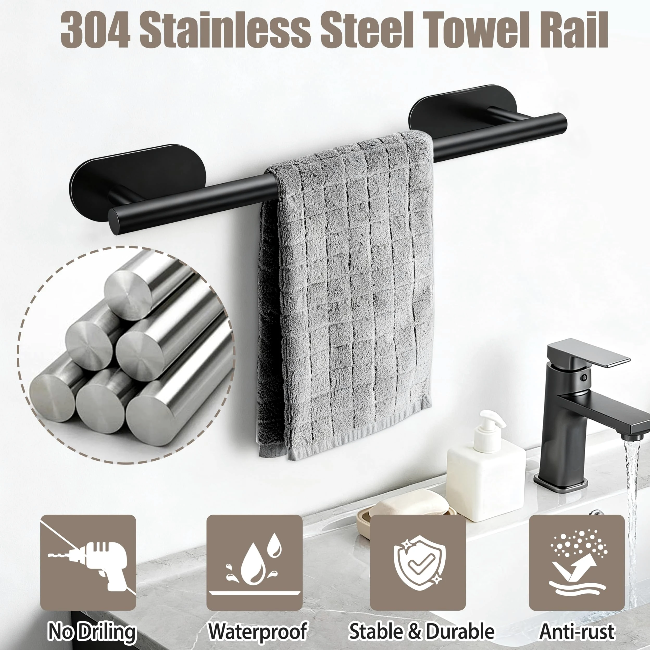 Accessori per il Bagno per Asciugamani Autoadesivi set 8PCS Acciaio Inossidabile Portasalviette da Bagno porta Carta Igienica Gancio per Accappatoio (Nero)