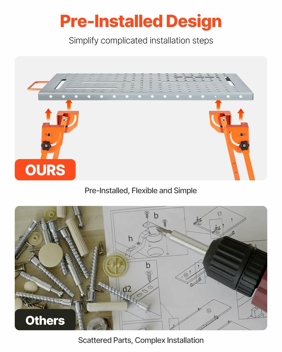 VEVOR Tavolo da Saldatura Pieghevole 533 x 1118 mm Banco da Lavoro per Saldatura, Altezza Regolabile su 4 Livelli, Banco da Lavoro in Acciaio al Carbonio, 6 Slot per Utensili, Fori di Fissaggio 16 mm