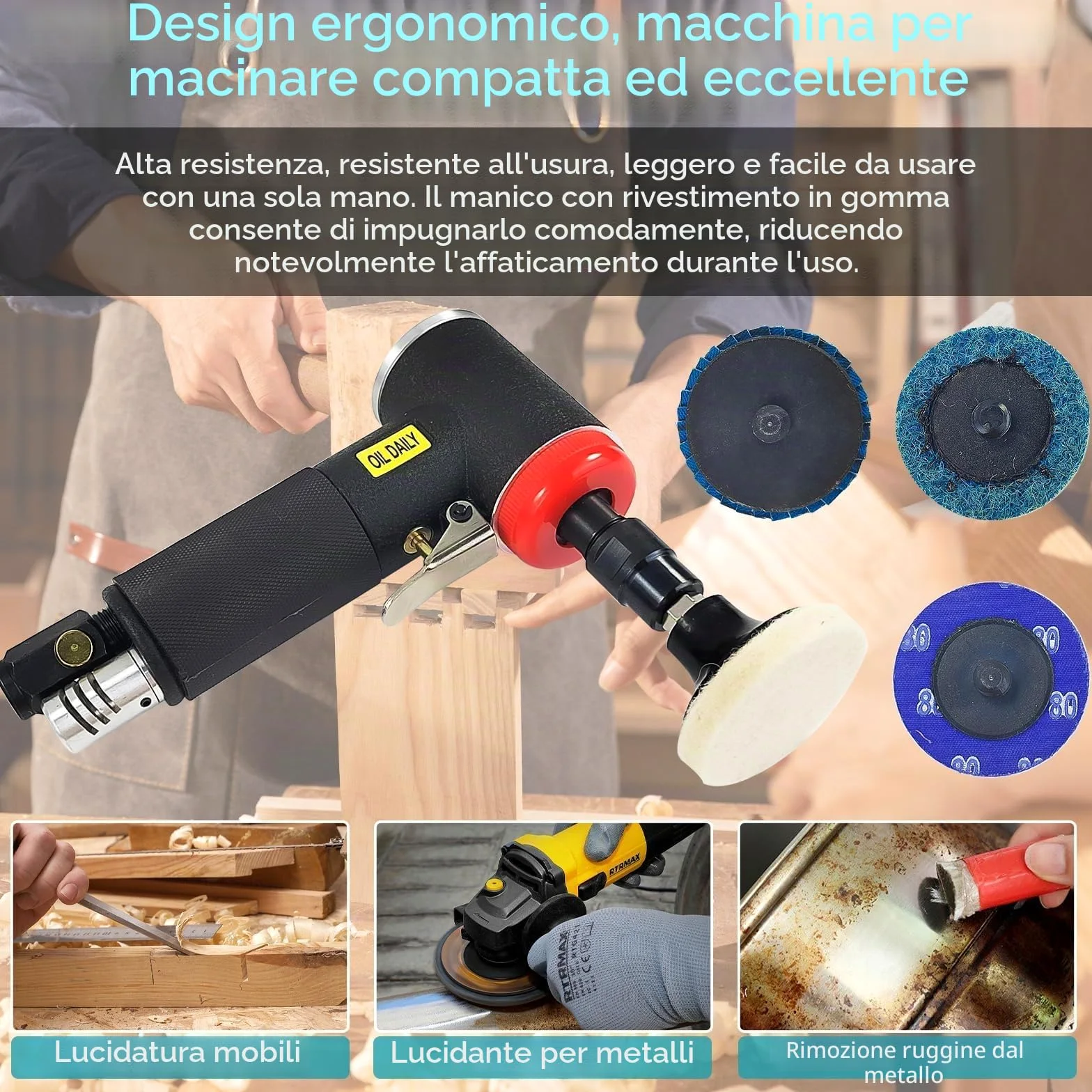 Mini Lucidatrice Auto, Mini Smerigliatrice Angolare Pneumatica con Mandrino a Pinza da 6 mm e 3 mm, Include Carteggiatrice e Mini Levigatrice con Set di 20 Dischi da 2 Pollici a Cambio Rapido