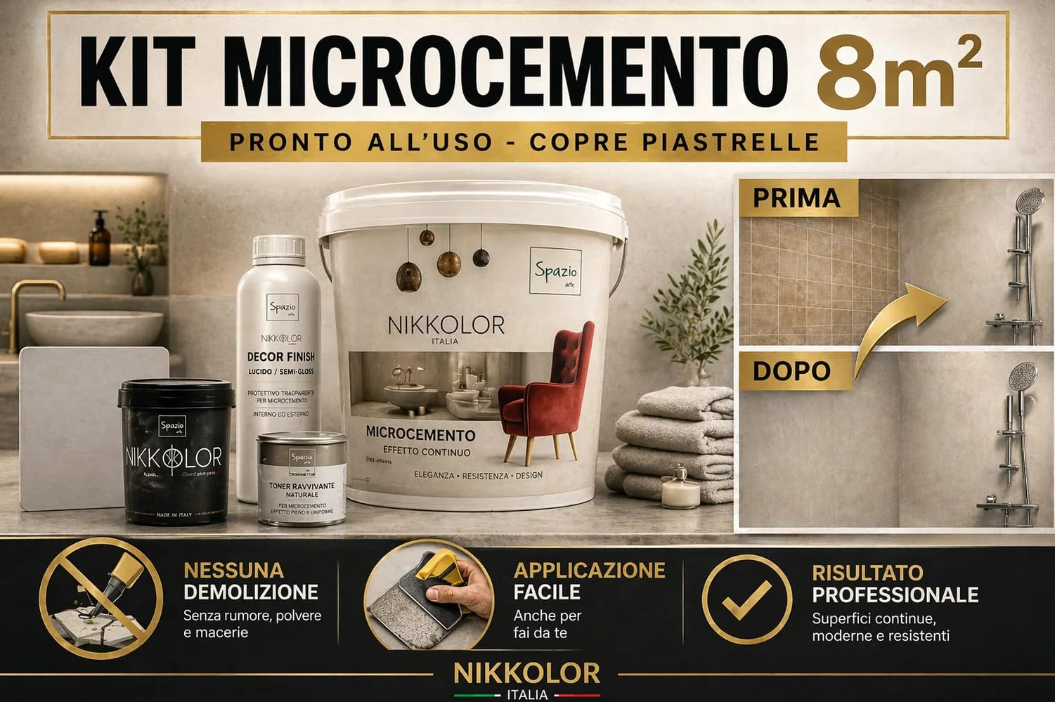 Kit Microcemento 8 m² per Pavimenti e Pareti - Opaco – 13 | Copre piastrelle e fughe senza demolire con spessore finale 2-3 mm - Finitura Opaca