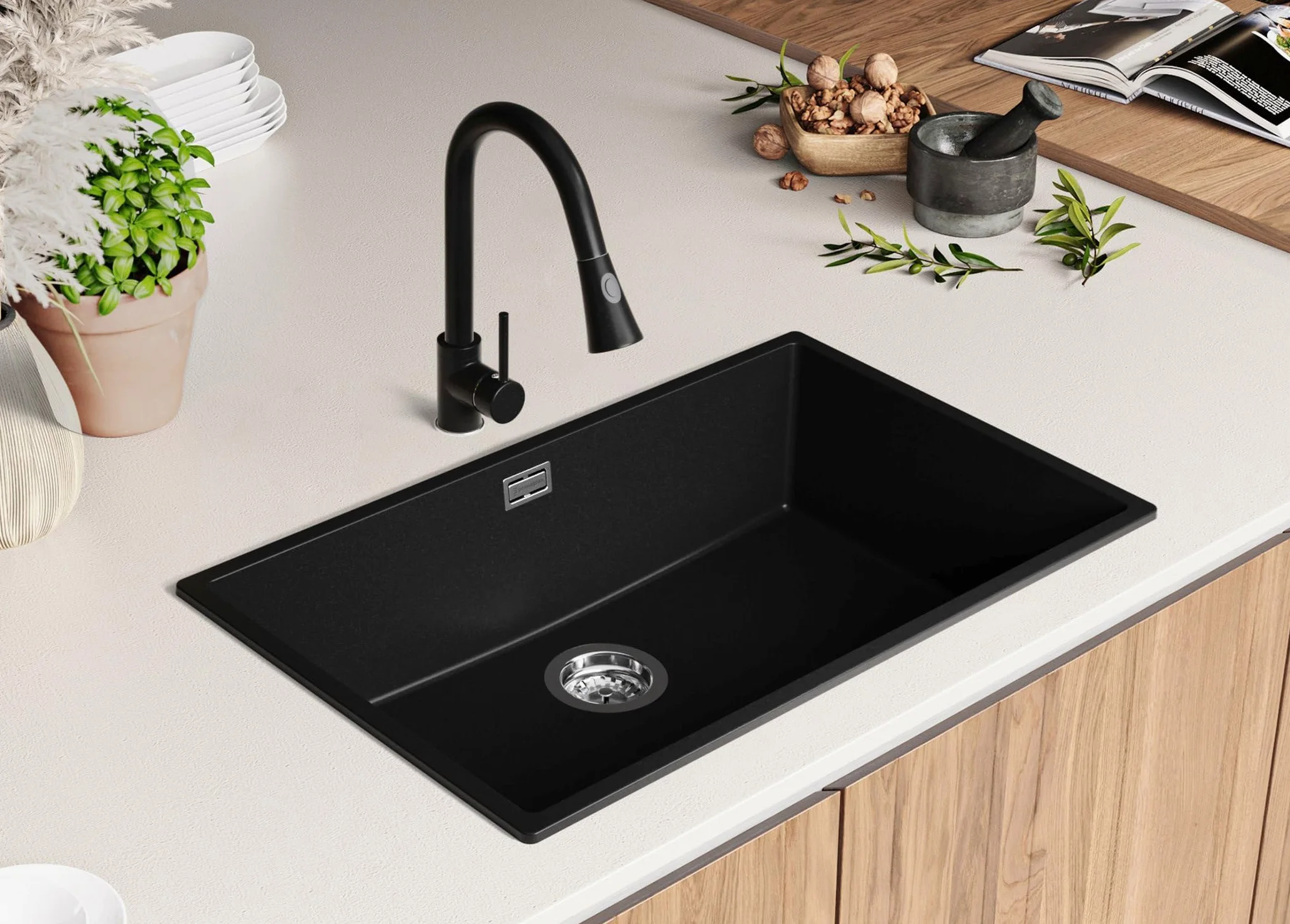 PRIMAGRAN Lavello da Cucina Nero 76x47cm, Lavandino in Granito a 1 vasca + Sifone Classico, Lavabo da Cucina Incasso al Mobile 80cm - London Slim S477