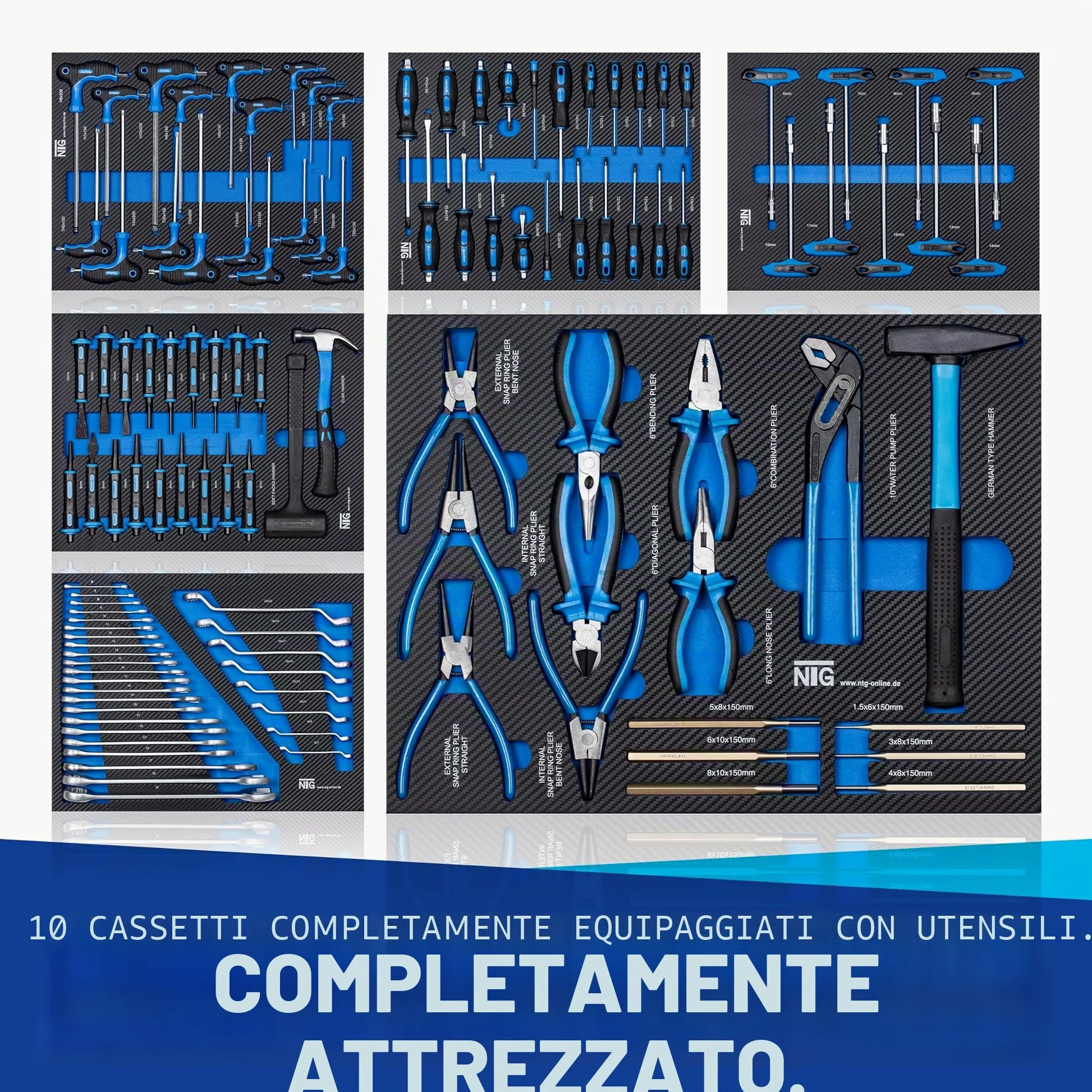 NTG Carrello portautensili XXL completo di utensili | 457 pezzi | +12 cassetti con serratura | 10 dei quali con utensili | Con inserti morbidi in carbon look | Carrello portautensili da officina