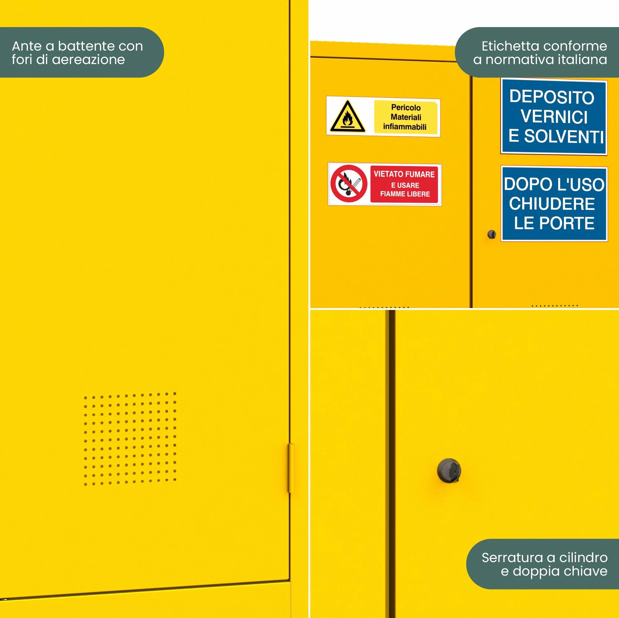 XLOCKERS Armadio Deposito Liquidi Infiammabili in Metallo per Stoccaggio e Protezione di Sostanze Pericolose, 3 Ripiani, Giallo RAL 1003, 100x45x100 cm, Made in Italy