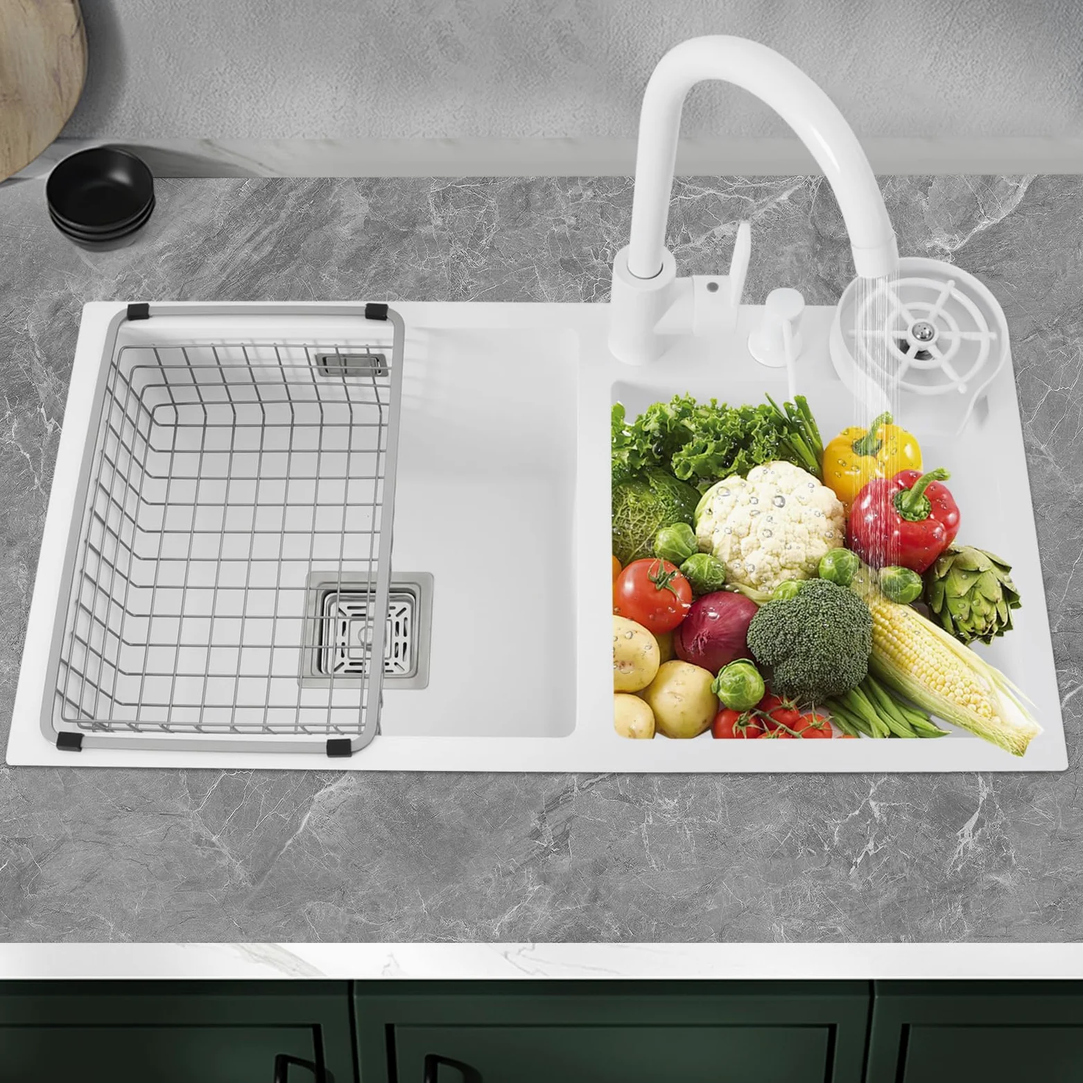 2 lavelli da cucina, 71 x 38 x 21 cm, colore bianco, in acciaio inox, con rubinetto per acqua calda e fredda, rettangolare, con sgocciolatoio, set di lavello da incasso, per appartamenti, ristoranti