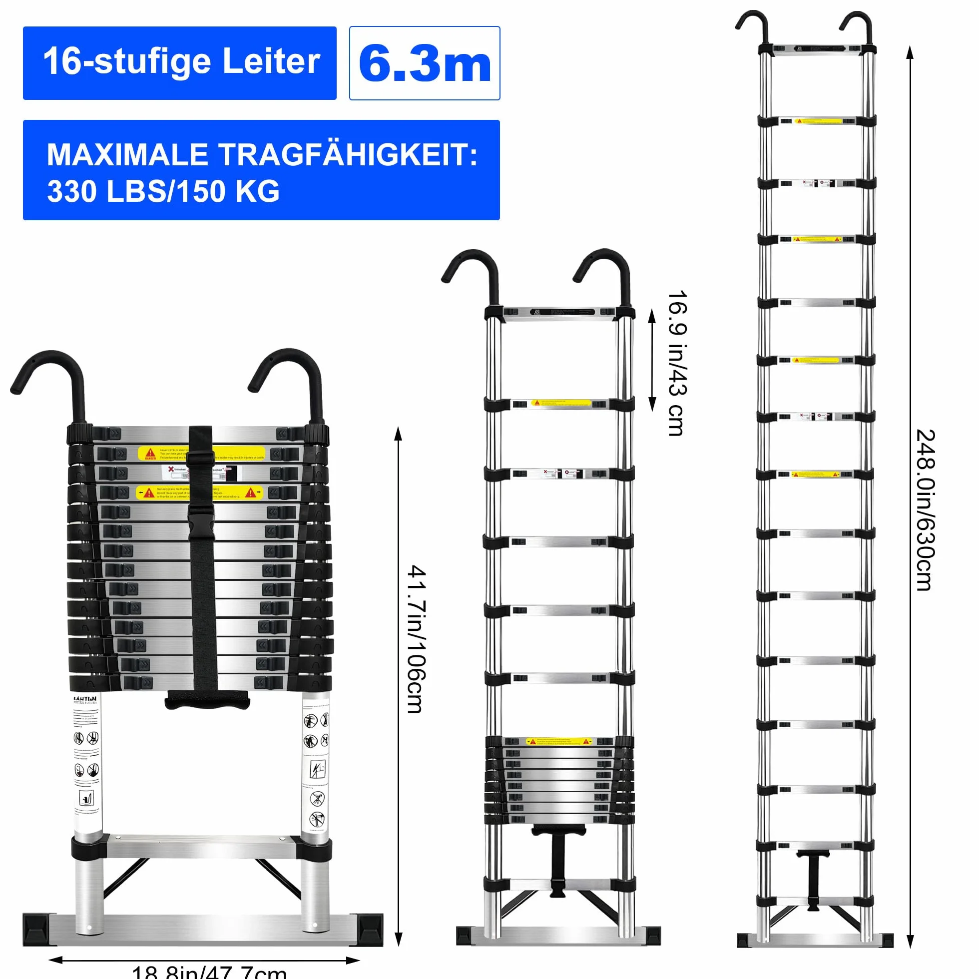 6.3m Scala telescopica in Acciaio Inossidabile,Scala Telescopica Pieghevole con Ganci Staccabili Barra Stabilizzatrice,Scala Retrattile Adatto per Migliorie domestiche Carico 150 KG