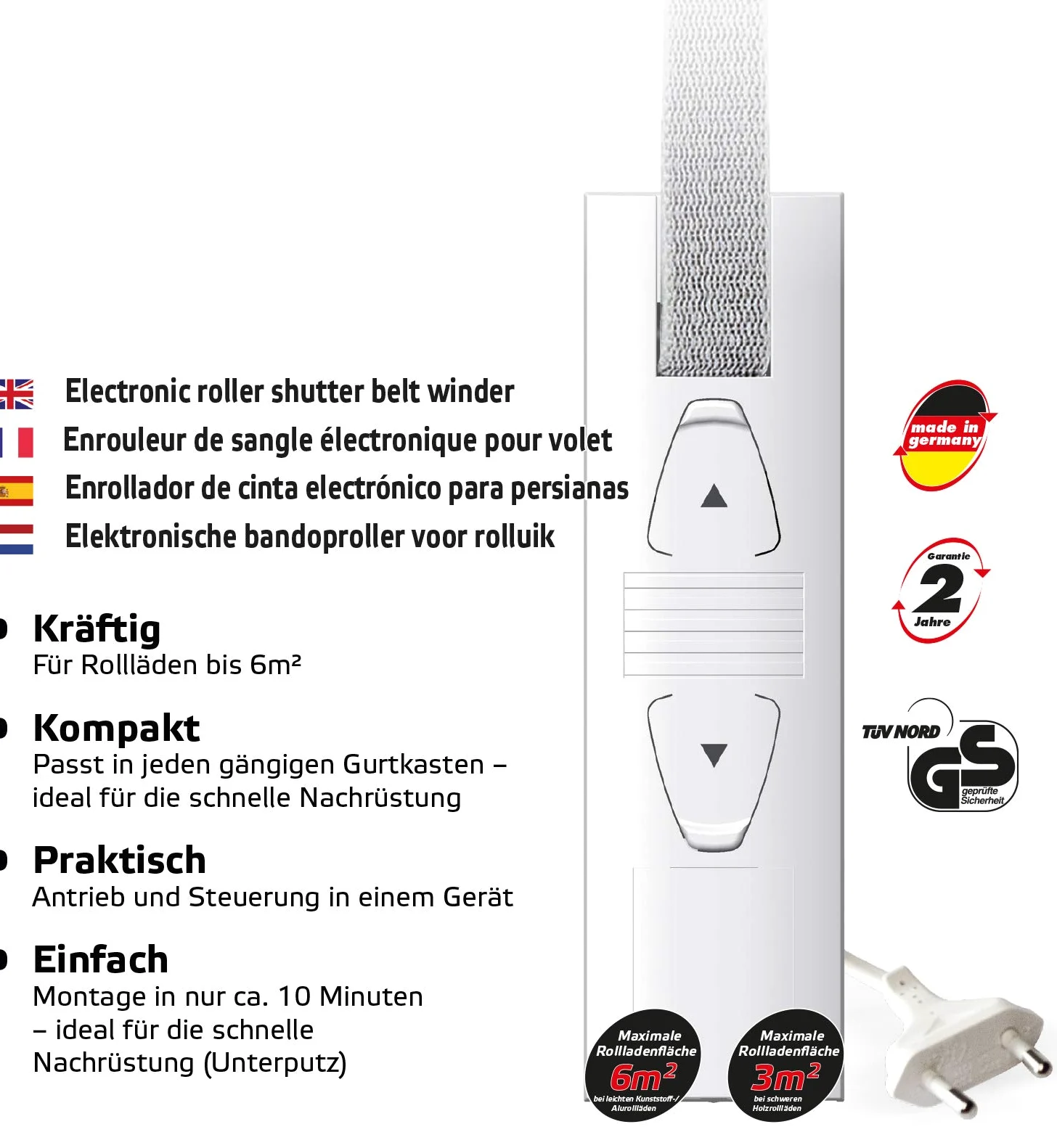 Superrollo GW190 avvolgitore elettrico a incasso per cassetta della cinghia, azionamento per tapparelle fino 45 kg (circa 6 m²), per cinghia da 23 mm