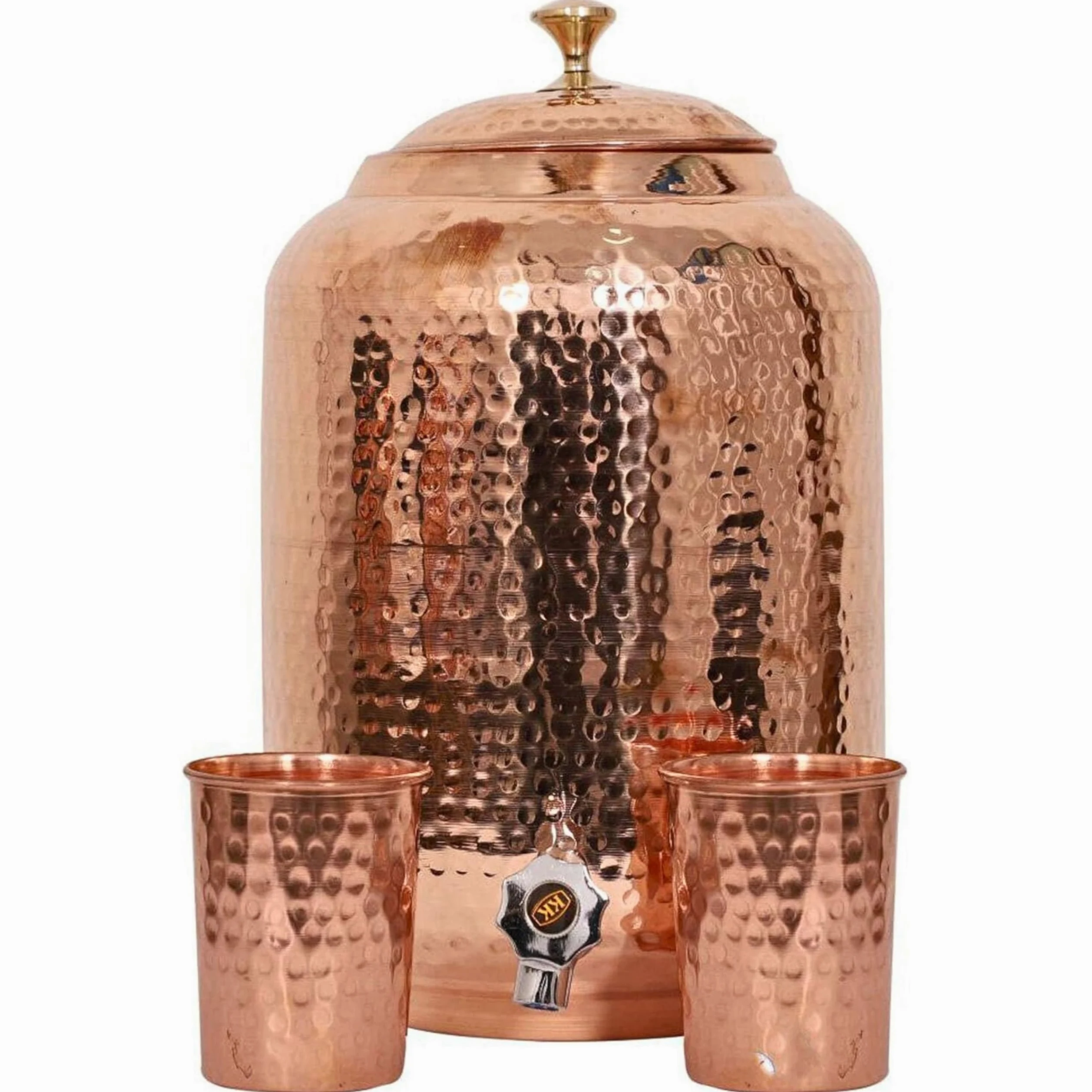 Dispenser d'acqua in rame puro, capacità 8 l, finitura martellata, benefici per la salute ayurvedica, include 2 bicchieri abbinati e 1 bottiglia di rame, bicchieri artigianali per guarigione e