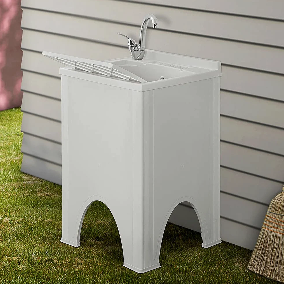 Inbagno Mobile lavatoio da Esterno 50x50 in Resina, Include ASSE lavapanni e Kit di Scarico, in Kit di Montaggio