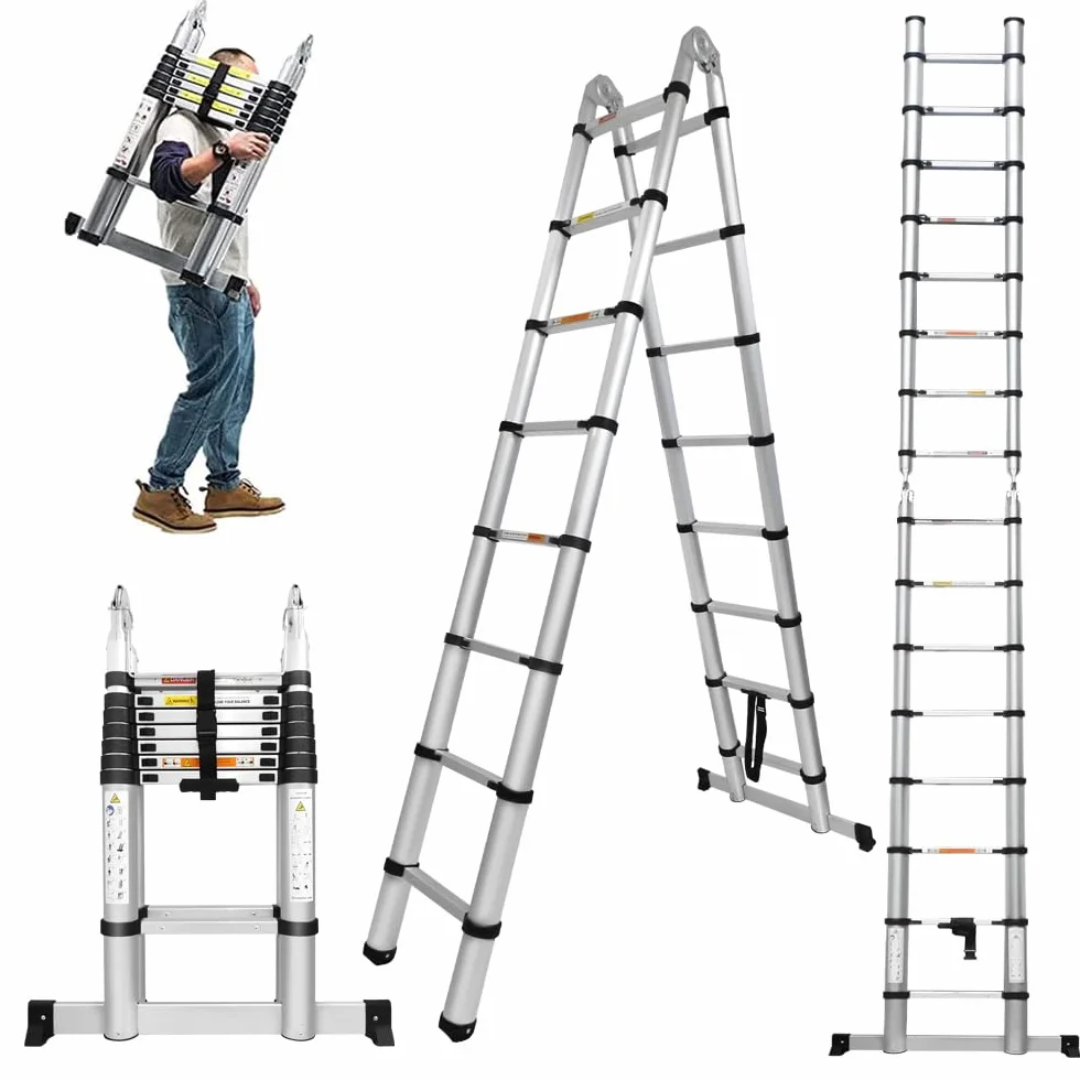 Qimu Scala telescopica da 5 m, in alluminio, allungabile, 2,5 m + 2,5 m, con stabilizzatore, scala in alluminio flessibile per esterni