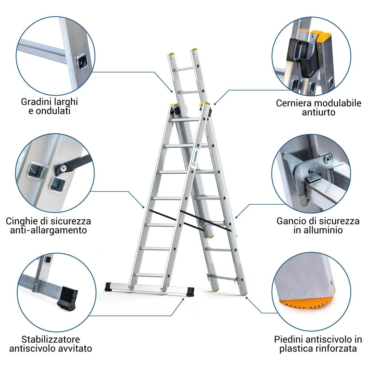 Scala a sfilo a 3 rampe StablePro, gradini 3x7 in alluminio, allungabile, 6 posizioni, altezza massima di lavoro 5,00 m, 5 anni di garanzia, Hostrom