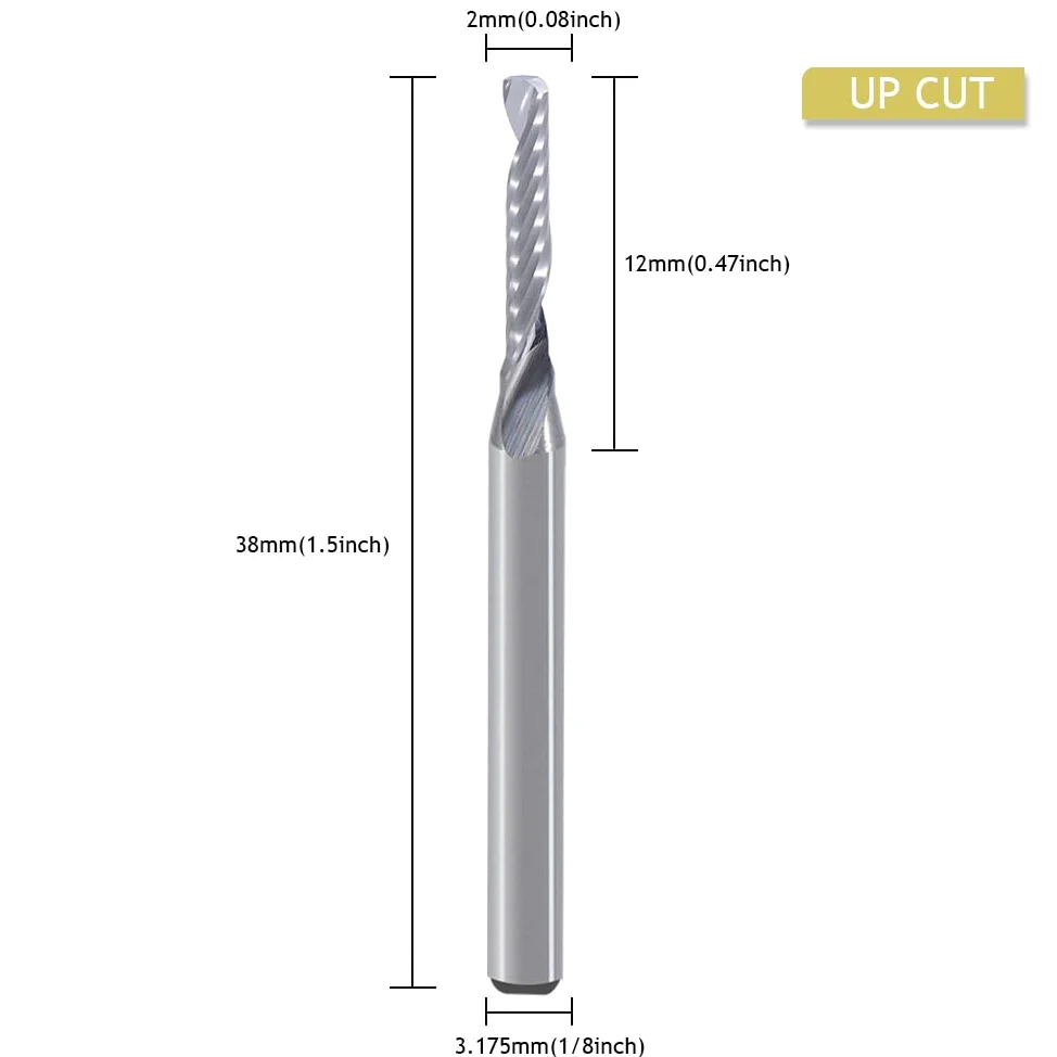 Gambo da 3.175mm, singolo flauto (O flauto) Tagliare a spirale Router Bit Fresa fine,2mm diametro di taglio, 12mm lunghezza di taglio, 38mm OVL per acrilico PVC MDF plastica