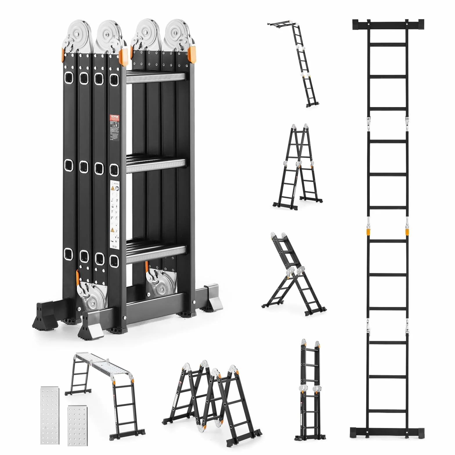 VEVOR Scala Pieghevole Multiuso, Scala a Pioli Estensibile Alta, Struttura a A con 3 Gradini e Scala Telescopica per Ponteggi, Altezza 3,7 m, Scala per Impieghi Gravosi, Capacità 149,7 kg per Casa