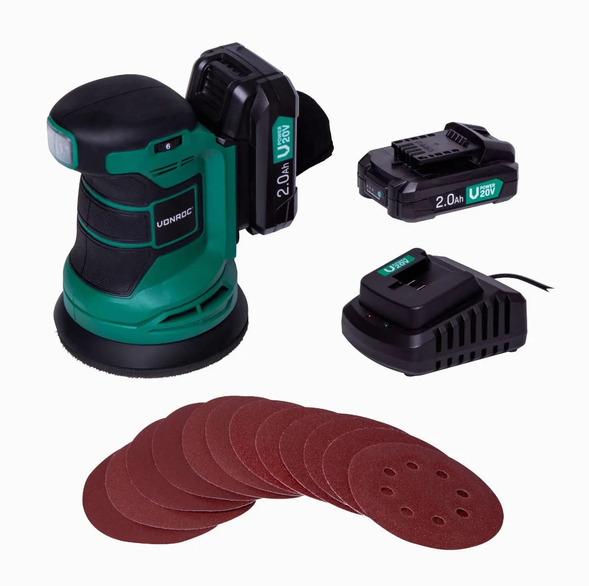 VONROC Levigatrice orbitale VPOWER 20V - Ø125mm. Include 2 batterie da 2.0Ah, caricabatterie, sacchetto raccolta polvere e 12 pezzi di carta abrasiva