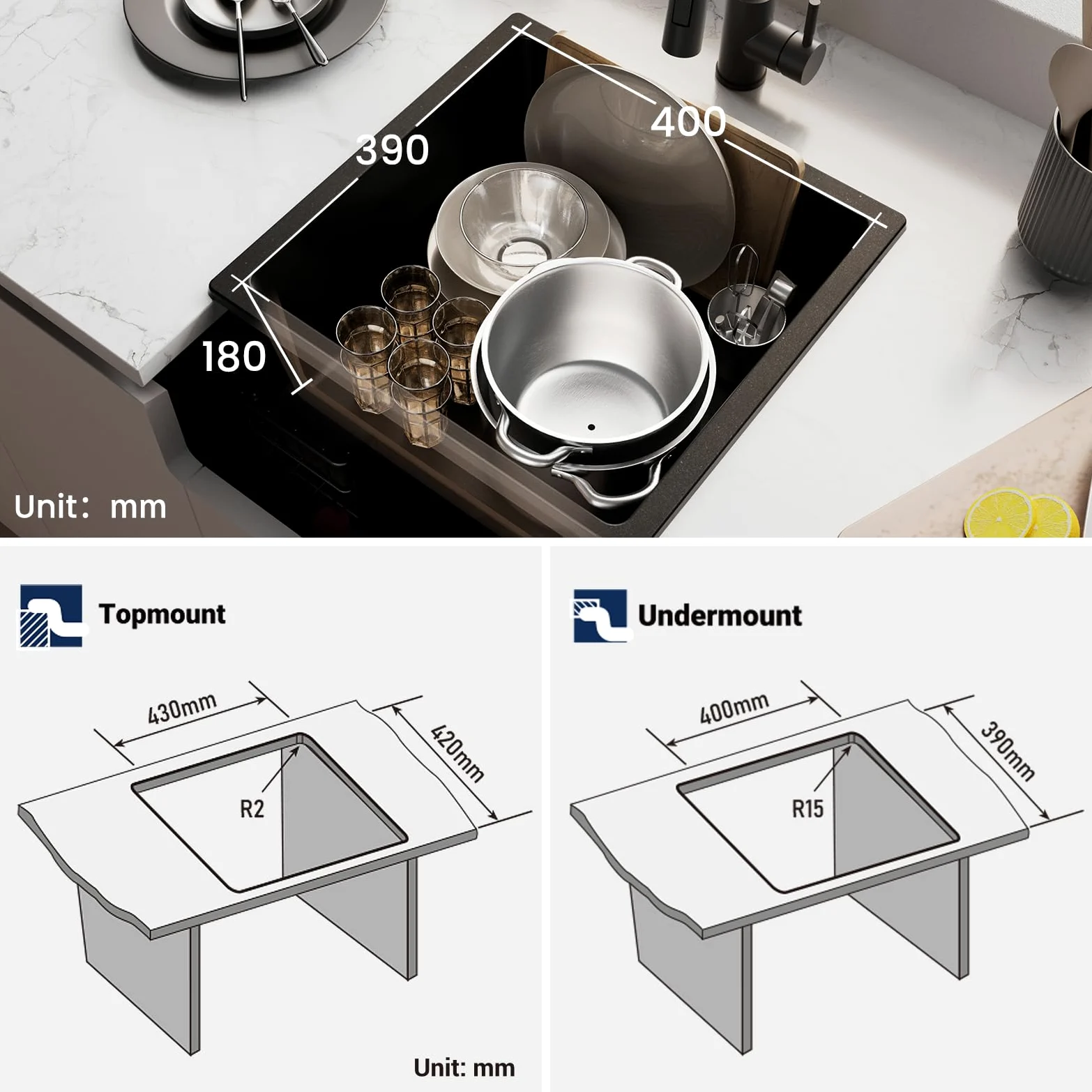 Auralum Lavandino Cucina 45 x 44 cm, Lavello Cucina 1 Vasca, Lavabo Nero in Granito con Sifone Classico e troppopieno, Adatto a Mobili Oltre 45cm